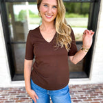 Liverpool - Double Layer V-Neck Top - Espresso-210 Casual Blouses-LIVERPOOL JEANS COMPANY-July & June Women's Fashion Boutique Located in San Antonio, Texas