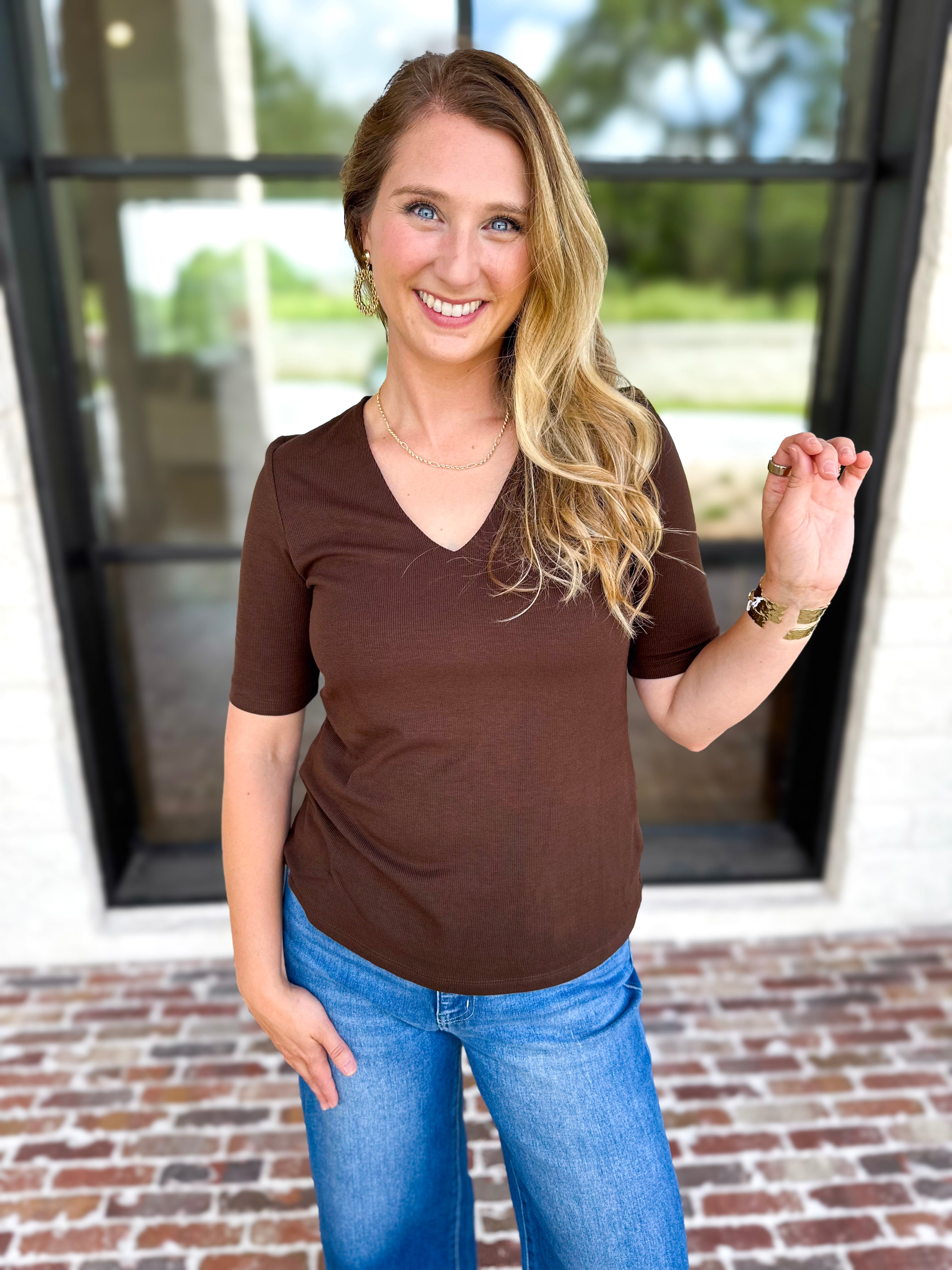 Liverpool - Double Layer V-Neck Top - Espresso-210 Casual Blouses-LIVERPOOL JEANS COMPANY-July & June Women's Fashion Boutique Located in San Antonio, Texas