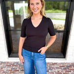 Liverpool - Double Layer V-Neck Top - Black-210 Casual Blouses-LIVERPOOL JEANS COMPANY-July & June Women's Fashion Boutique Located in San Antonio, Texas