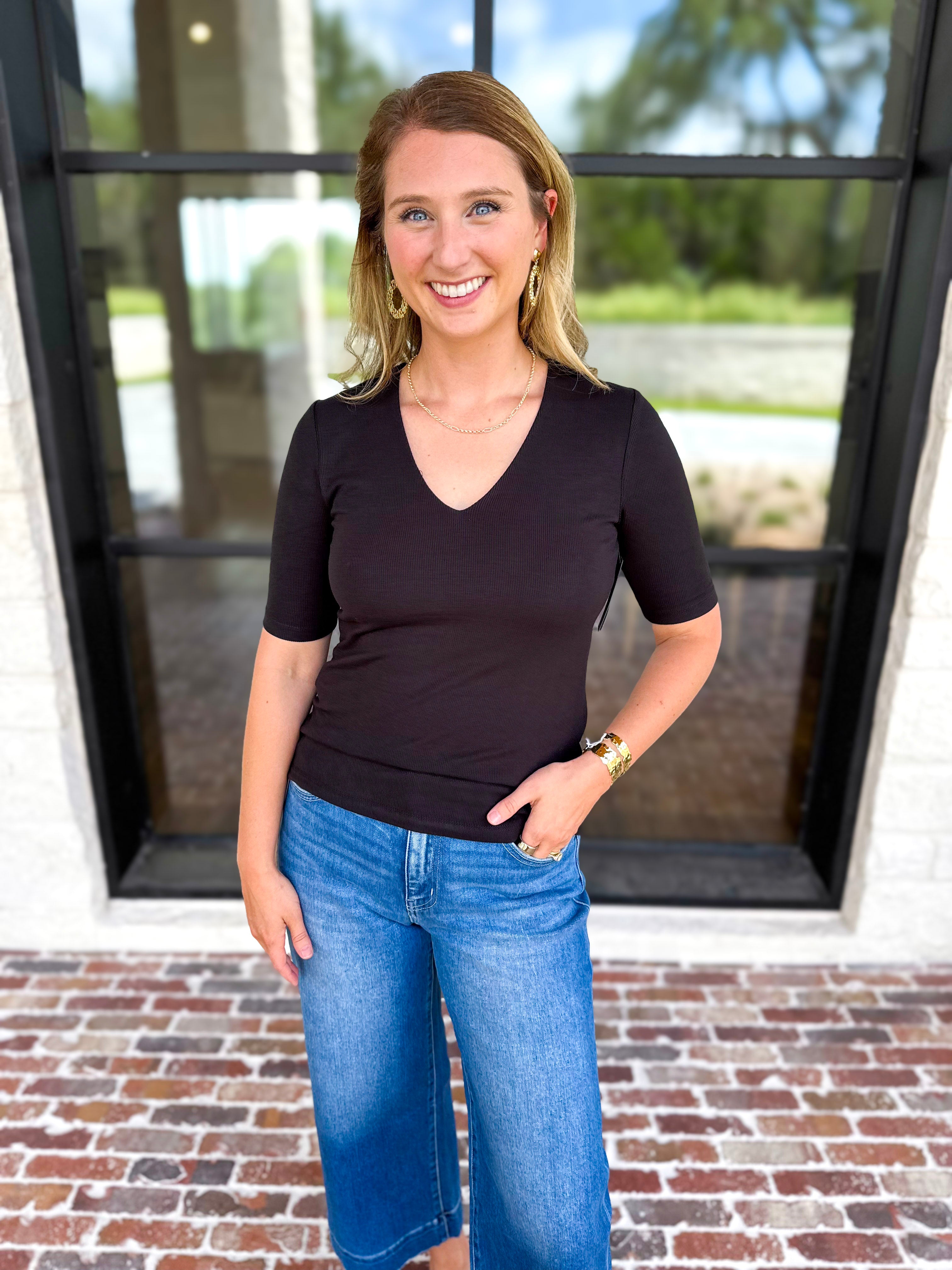Liverpool - Double Layer V-Neck Top - Black-210 Casual Blouses-LIVERPOOL JEANS COMPANY-July & June Women's Fashion Boutique Located in San Antonio, Texas