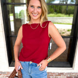 Liverpool - Classic Boatneck Knit Tank - Cranberry-210 Casual Blouses-LIVERPOOL JEANS COMPANY-July & June Women's Fashion Boutique Located in San Antonio, Texas