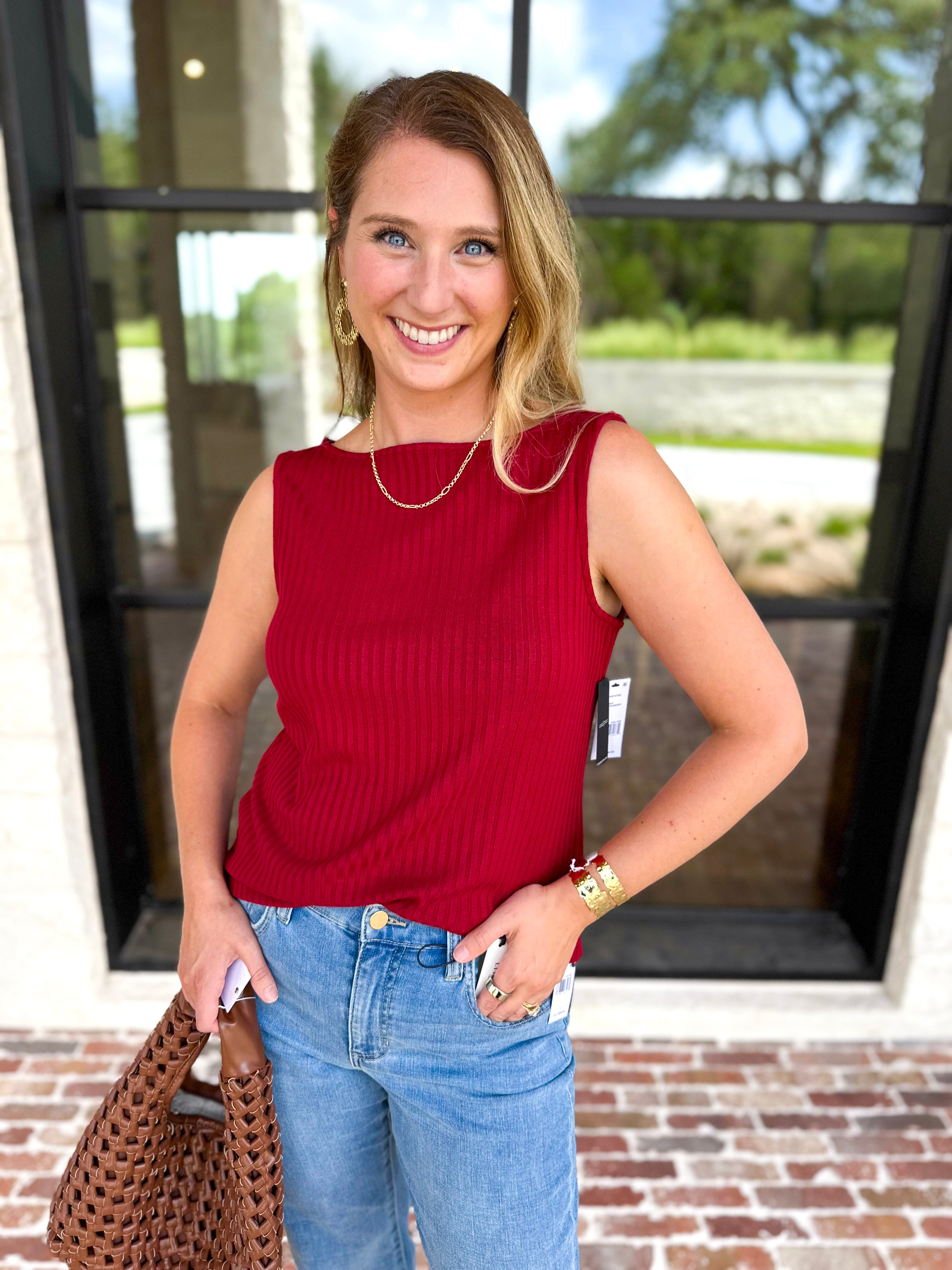 Liverpool - Classic Boatneck Knit Tank - Cranberry-210 Casual Blouses-LIVERPOOL JEANS COMPANY-July & June Women's Fashion Boutique Located in San Antonio, Texas