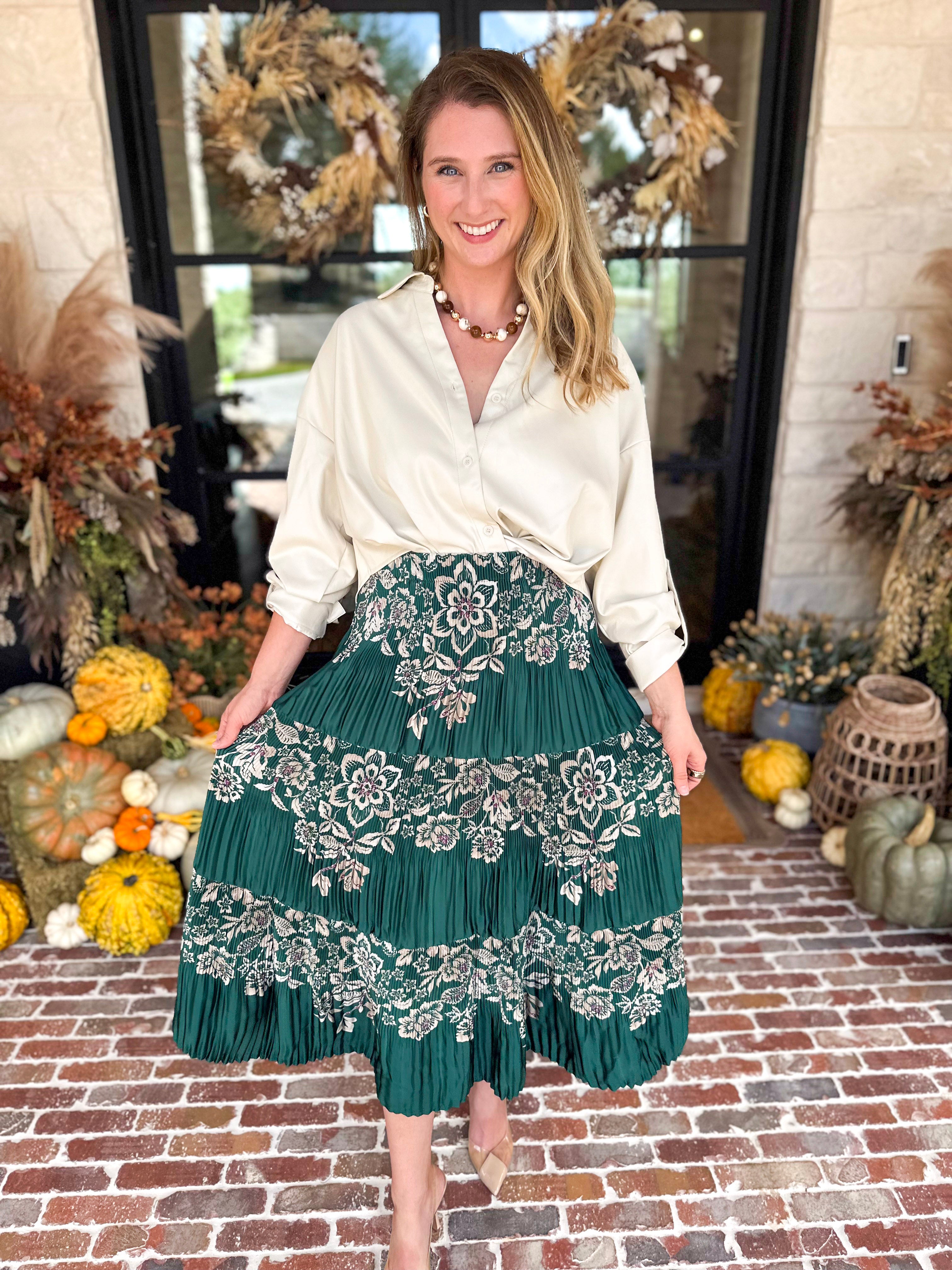 Current Air - Emerald Green Floral Pleated Midi Skirt-410 Shorts/Skirts-CURRENT AIR CLOTHING-July & June Women's Fashion Boutique Located in San Antonio, Texas