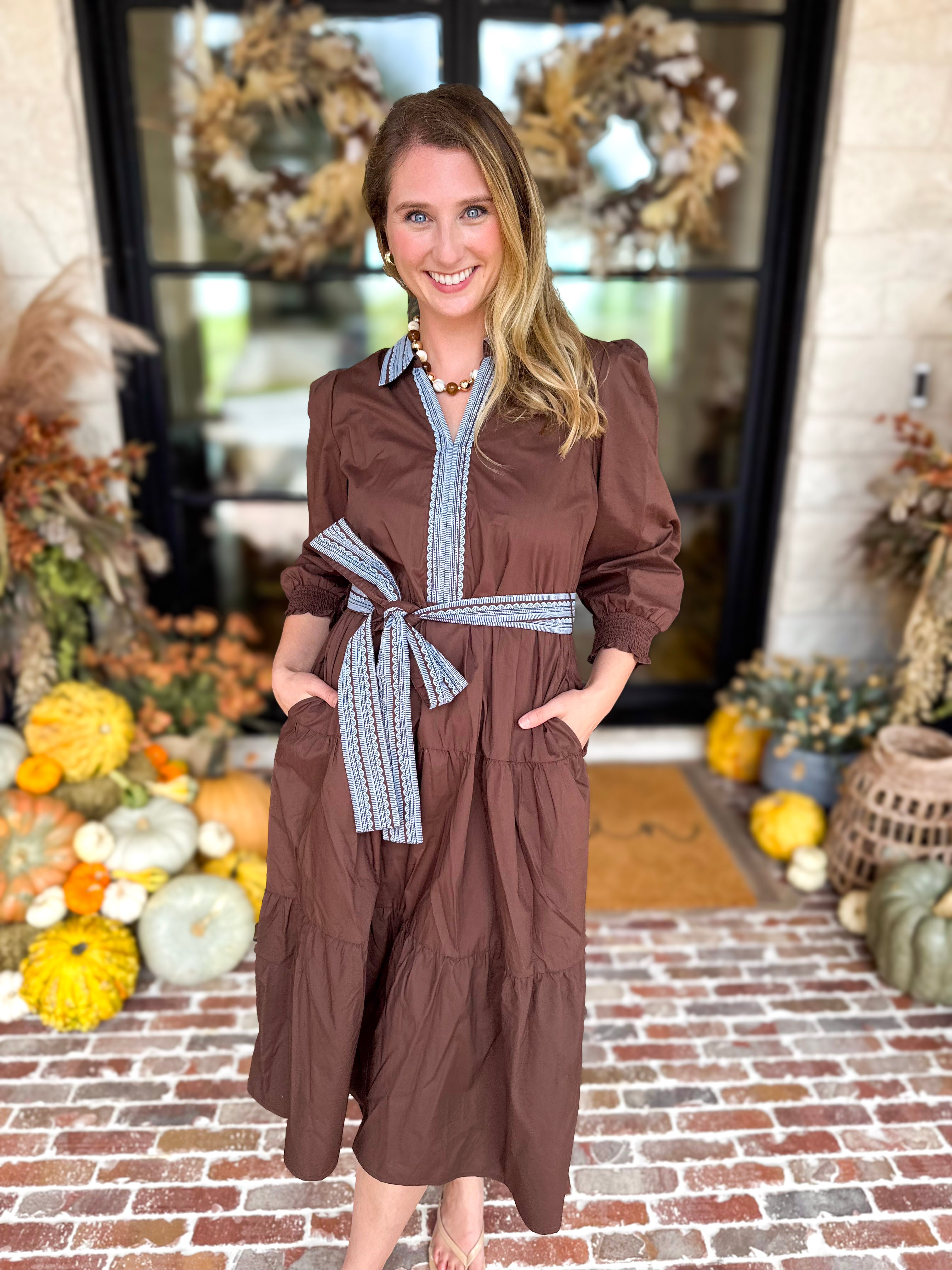 Mary Square - Lace Embroidered Brown Midi Dress-500 Midi-MARY SQUARE-July & June Women's Fashion Boutique Located in San Antonio, Texas