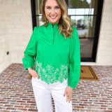 Current Air - Kelly Green Eyelet Lace Blouse-200 Fashion Blouses-CURRENT AIR CLOTHING-July & June Women's Fashion Boutique Located in San Antonio, Texas