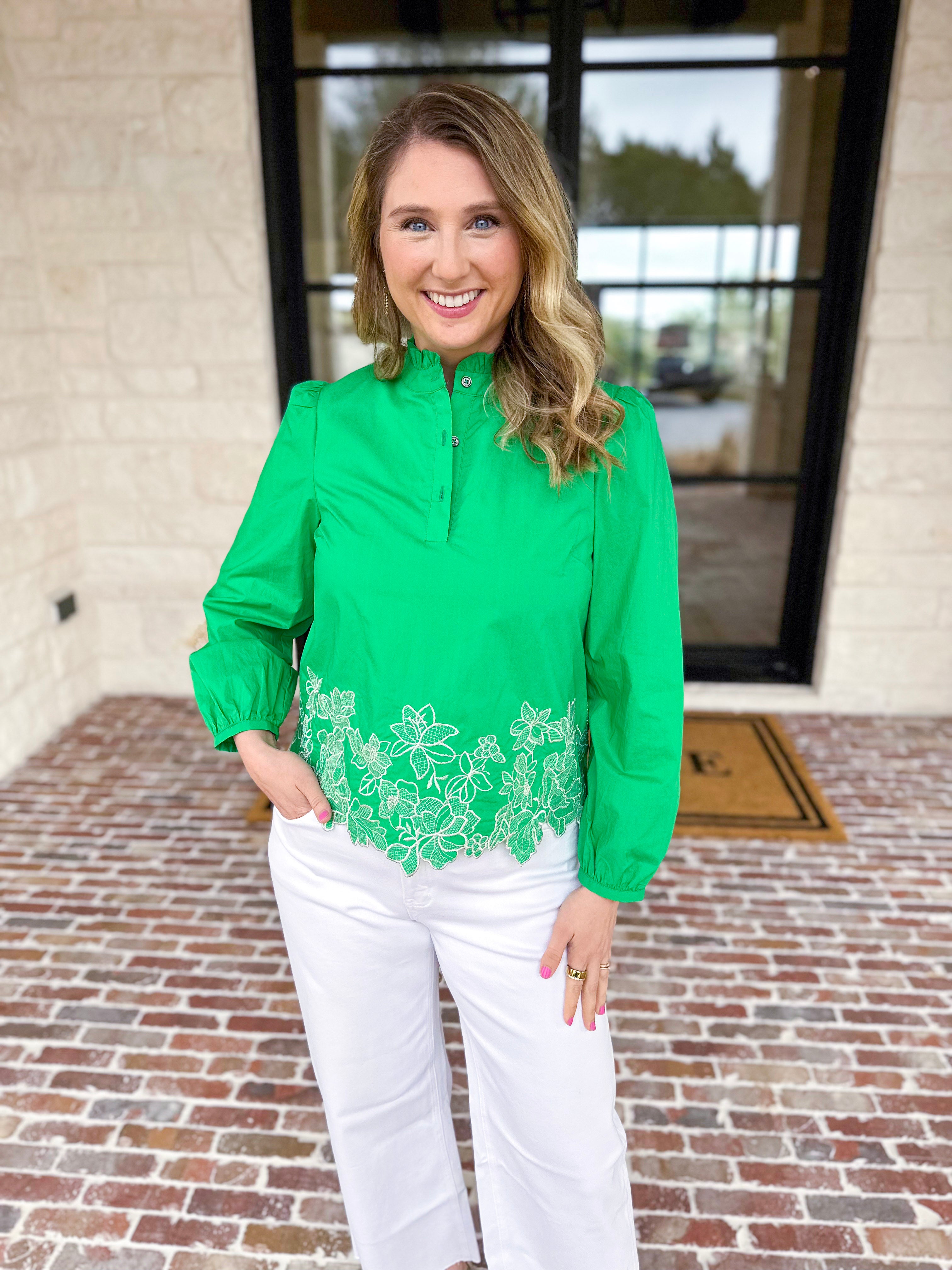 Current Air - Kelly Green Eyelet Lace Blouse-200 Fashion Blouses-CURRENT AIR CLOTHING-July & June Women's Fashion Boutique Located in San Antonio, Texas