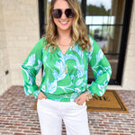 Current Air - Spring Green Floral Blouse-200 Fashion Blouses-CURRENT AIR CLOTHING-July & June Women's Fashion Boutique Located in San Antonio, Texas