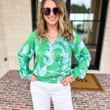Current Air - Spring Green Floral Blouse-200 Fashion Blouses-CURRENT AIR CLOTHING-July & June Women's Fashion Boutique Located in San Antonio, Texas