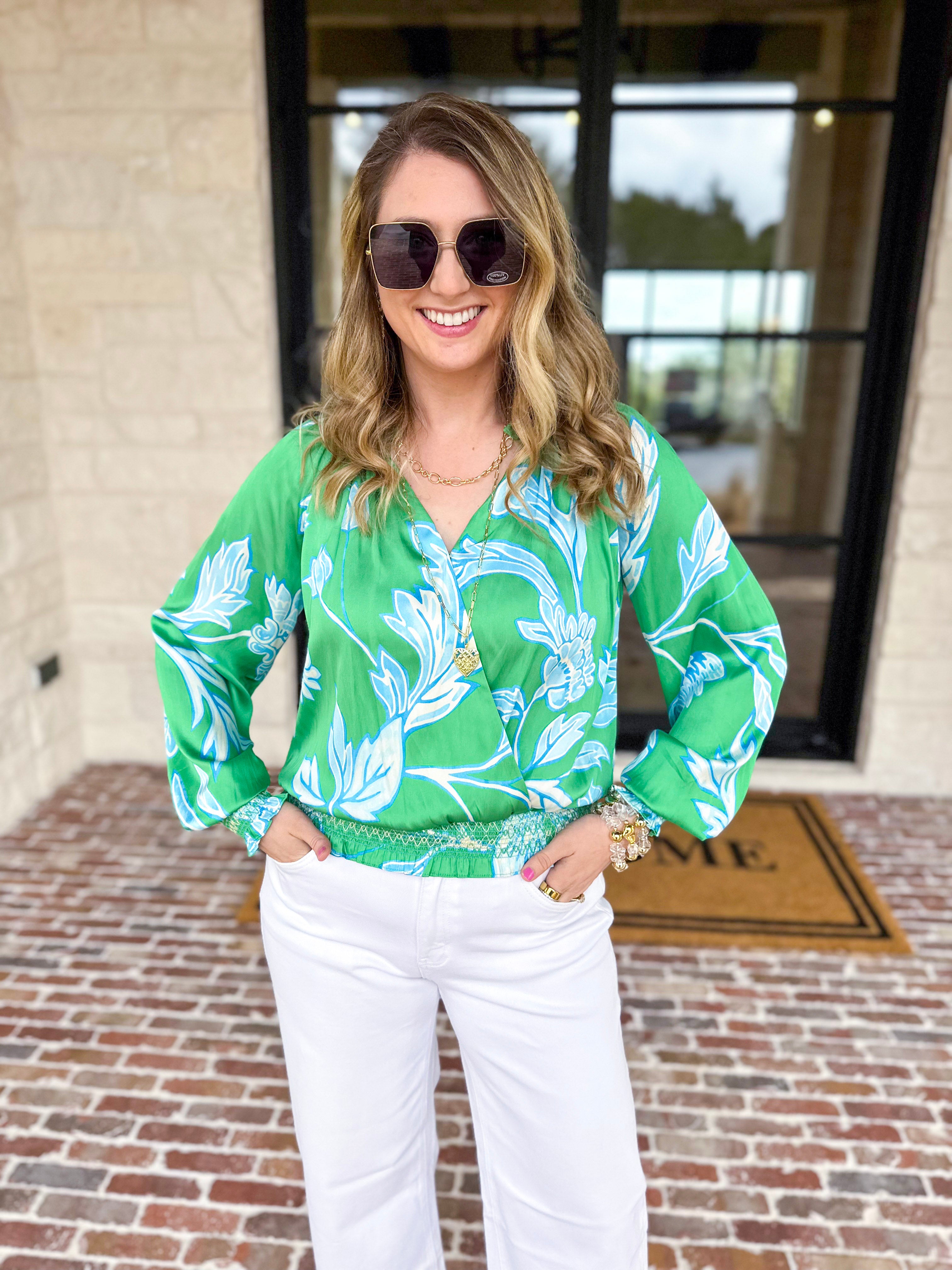 Current Air - Spring Green Floral Blouse-200 Fashion Blouses-CURRENT AIR CLOTHING-July & June Women's Fashion Boutique Located in San Antonio, Texas