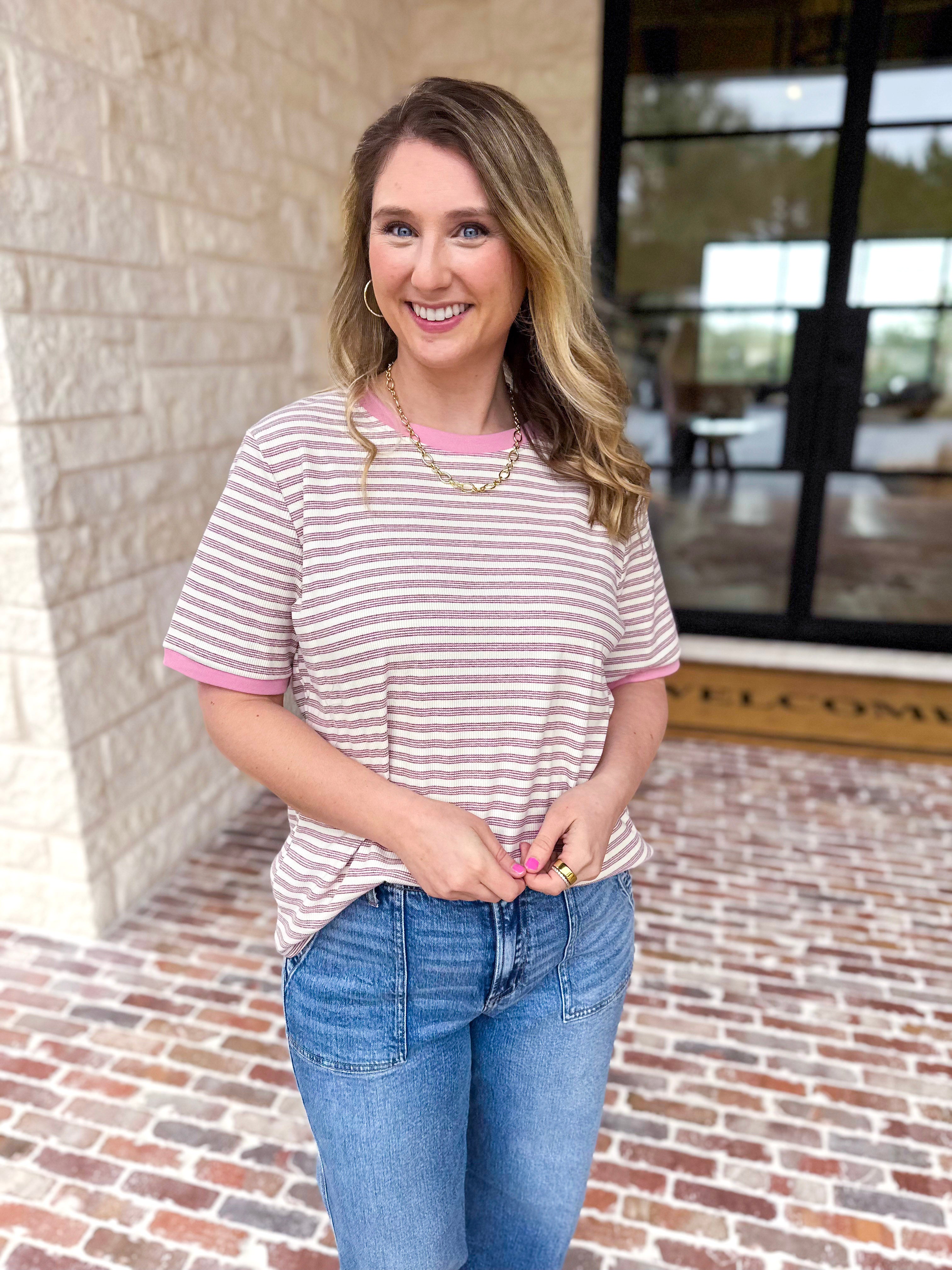 Casual Hangout Striped Tee - Pink-210 Casual Blouses-POLOGRAM-July & June Women's Fashion Boutique Located in San Antonio, Texas
