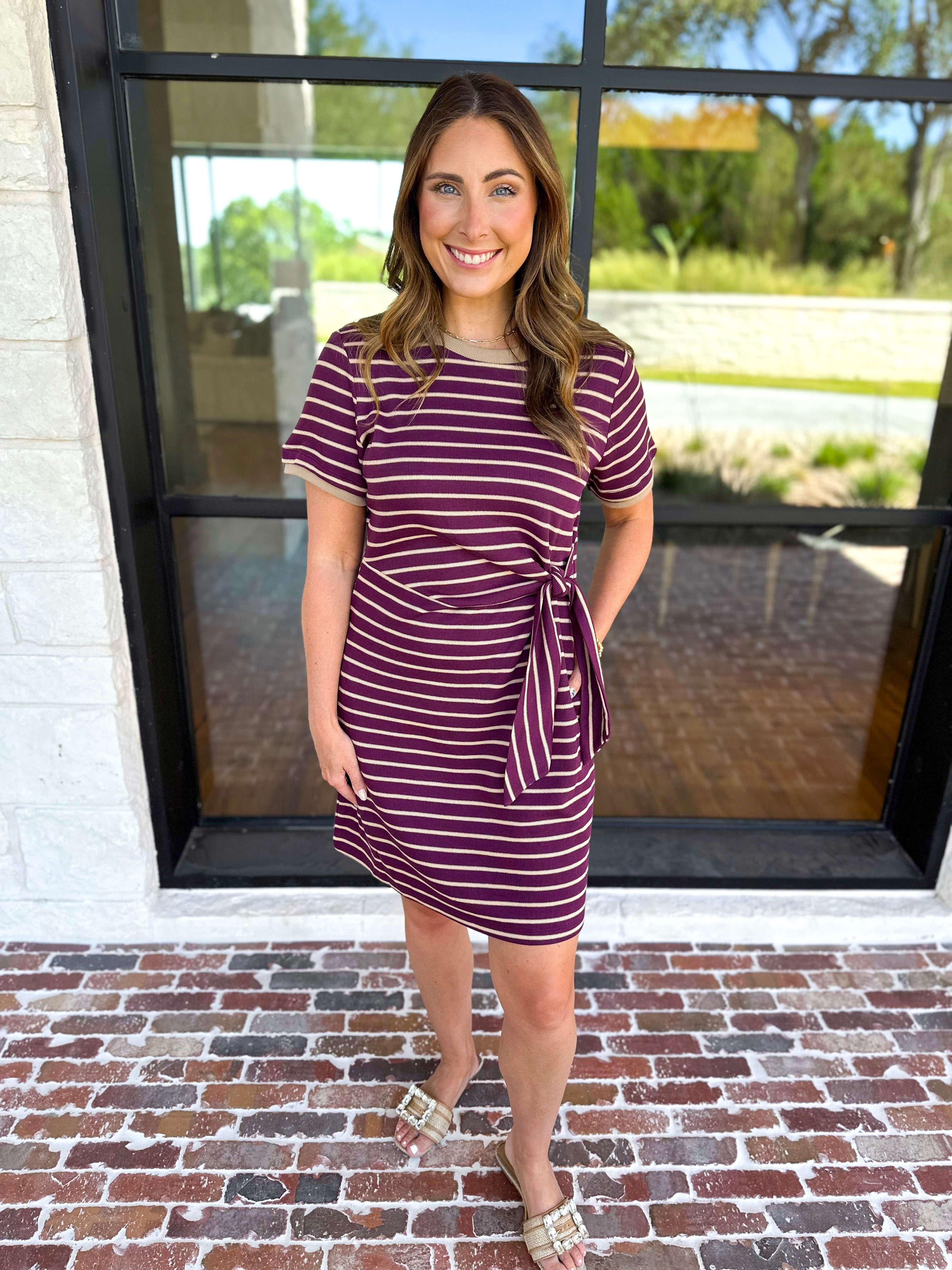 Striped Twist Mini Dress - Maroon-510 Mini-ENTRO-July & June Women's Fashion Boutique Located in San Antonio, Texas