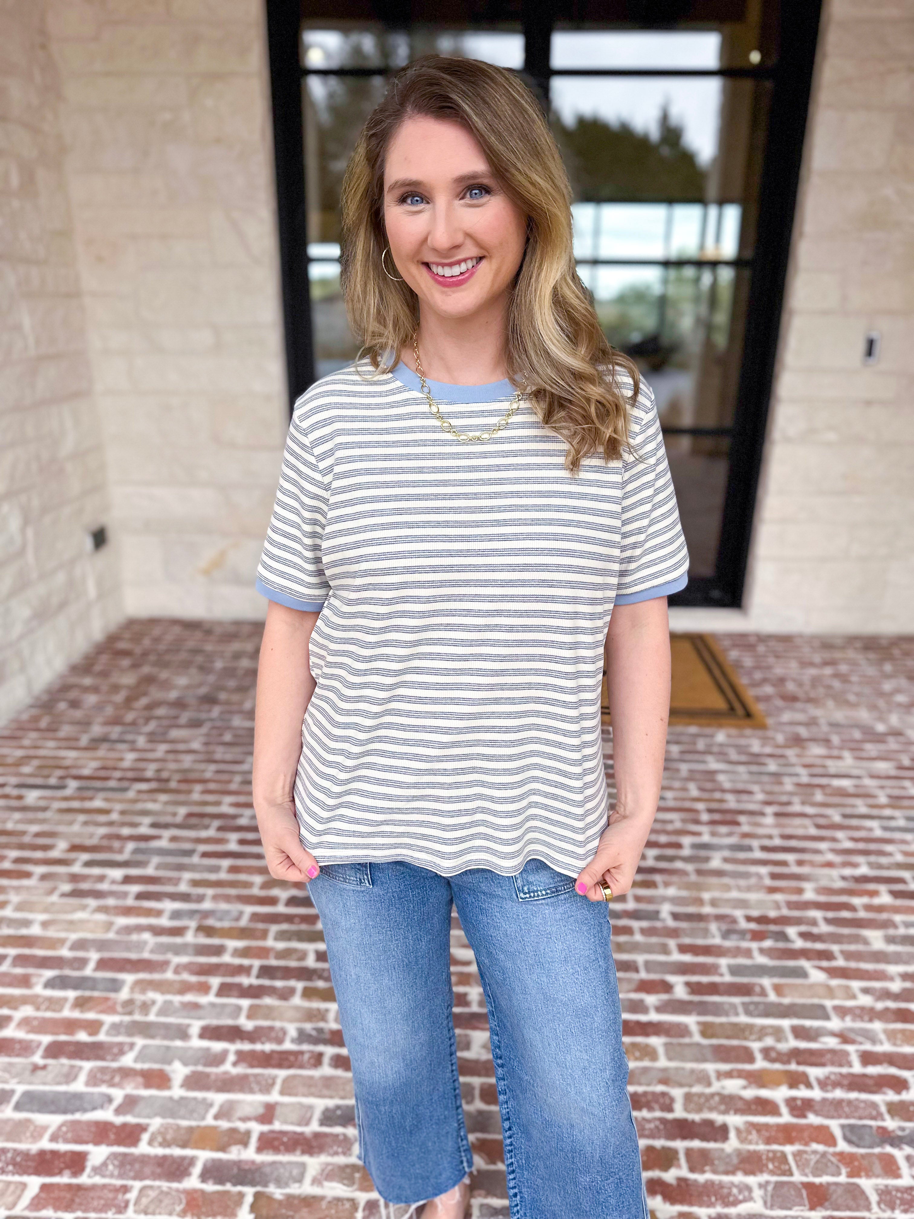 Casual Hangout Striped Tee - Blue-210 Casual Blouses-POLOGRAM-July & June Women's Fashion Boutique Located in San Antonio, Texas