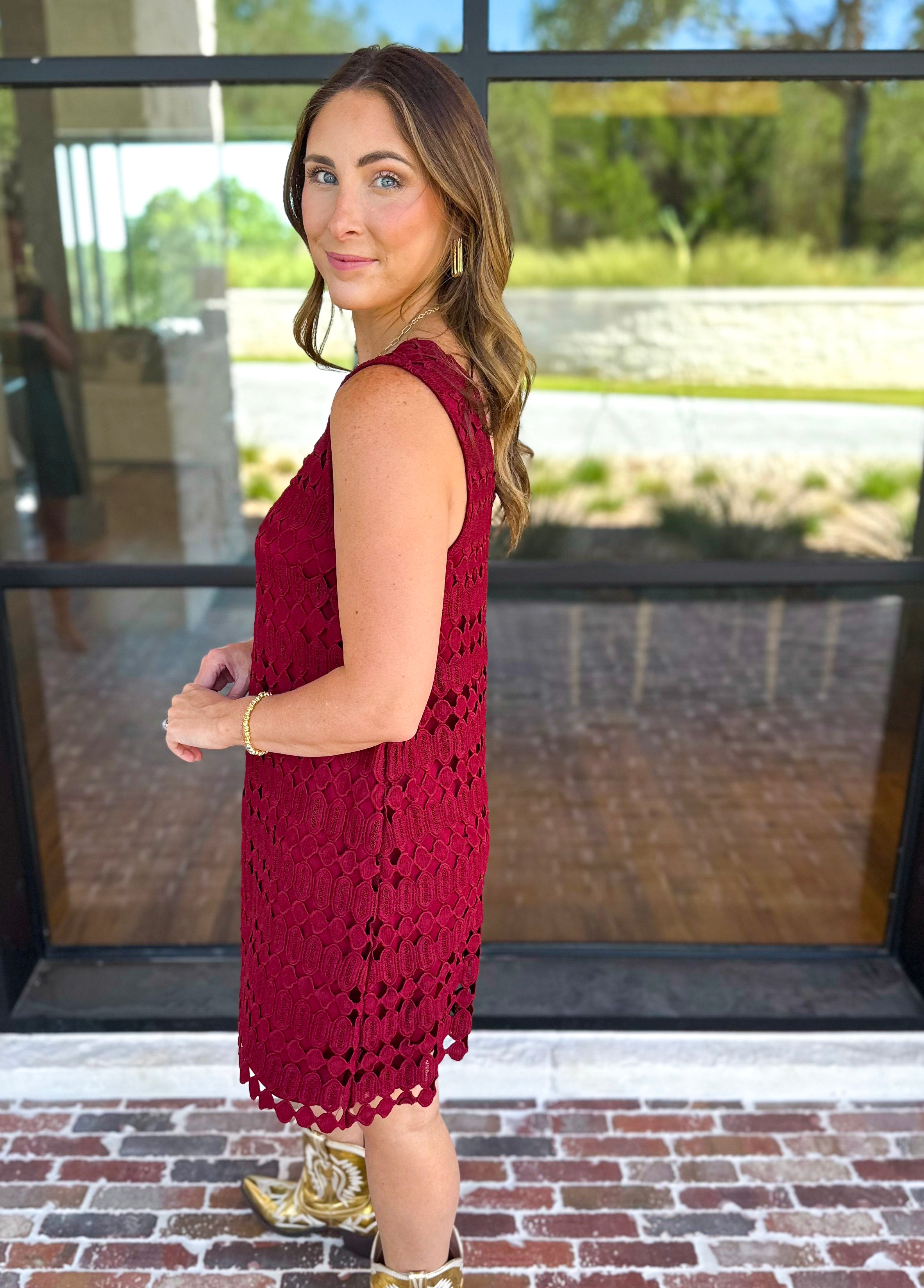Crochet Overlay Mini Dress - Wine-510 Mini-ENTRO-July & June Women's Fashion Boutique Located in San Antonio, Texas