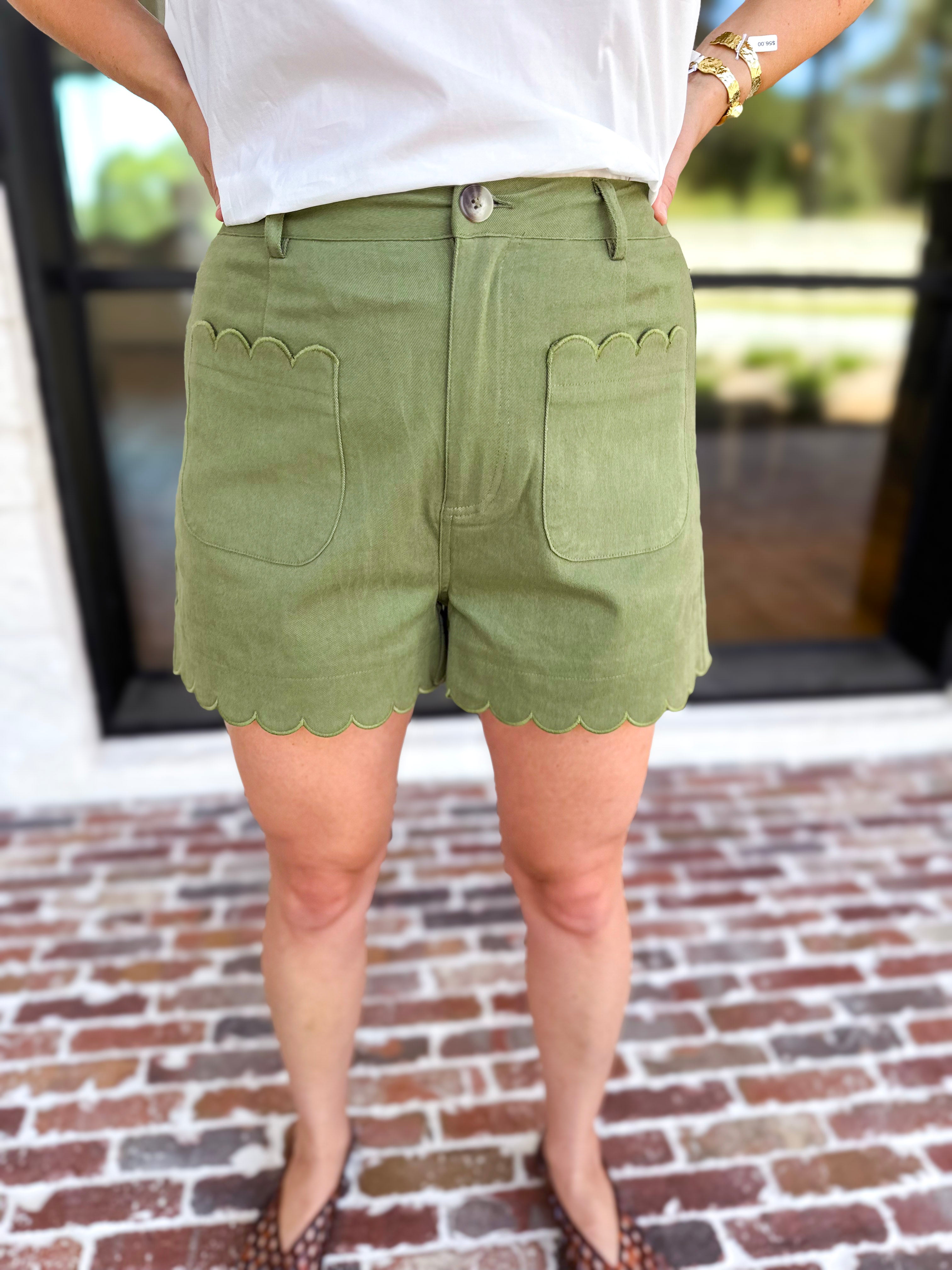 Scalloped Shorts - Matcha-410 Shorts/Skirts-ENTRO-July & June Women's Fashion Boutique Located in San Antonio, Texas
