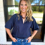Feminine Everyday V-Neck Blouse - Navy Blue-200 Fashion Blouses-OLIVACEOUS-July & June Women's Fashion Boutique Located in San Antonio, Texas