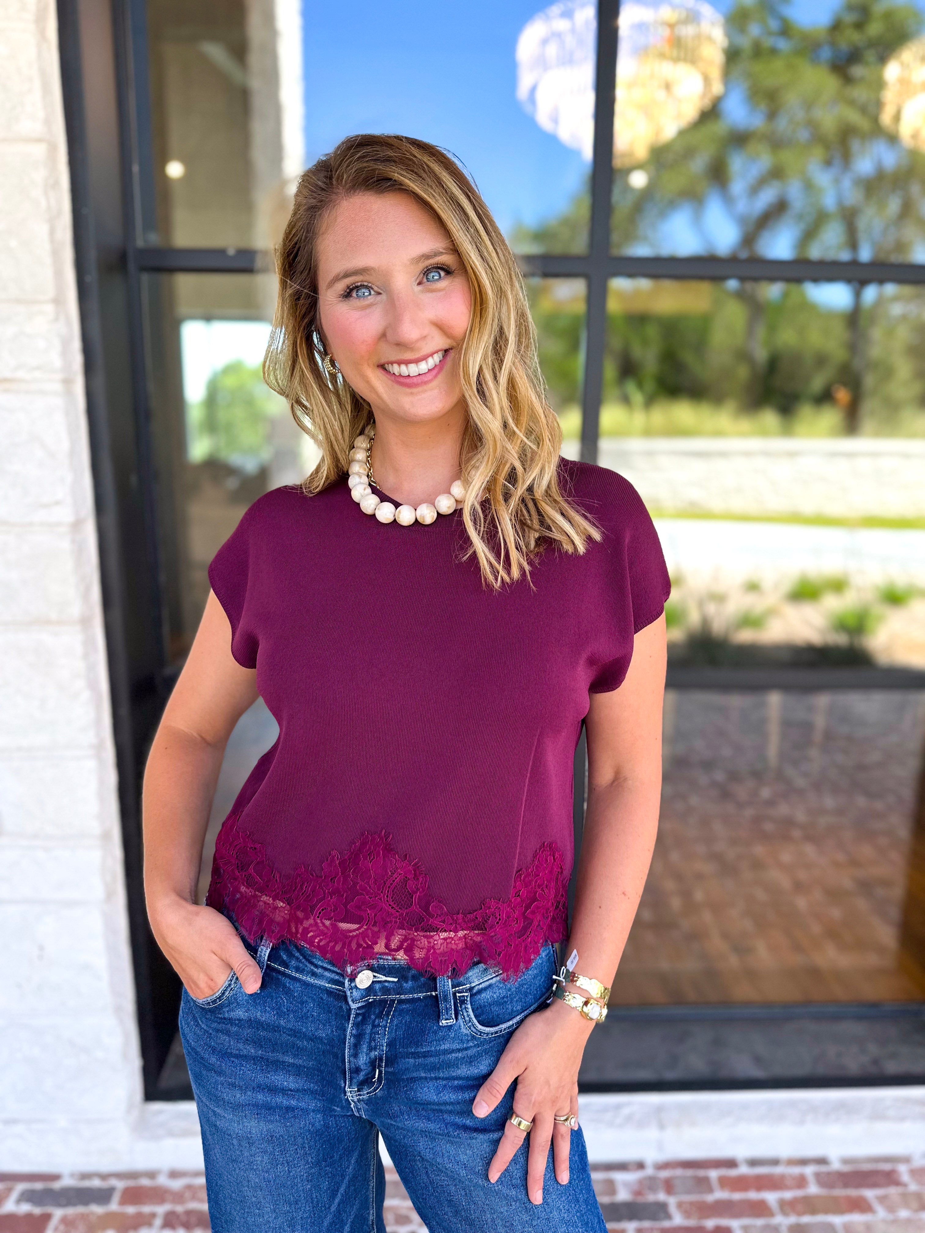 The Timeless Lace Detail Top - Burgundy-200 Fashion Blouses-ENTRO-July & June Women's Fashion Boutique Located in San Antonio, Texas