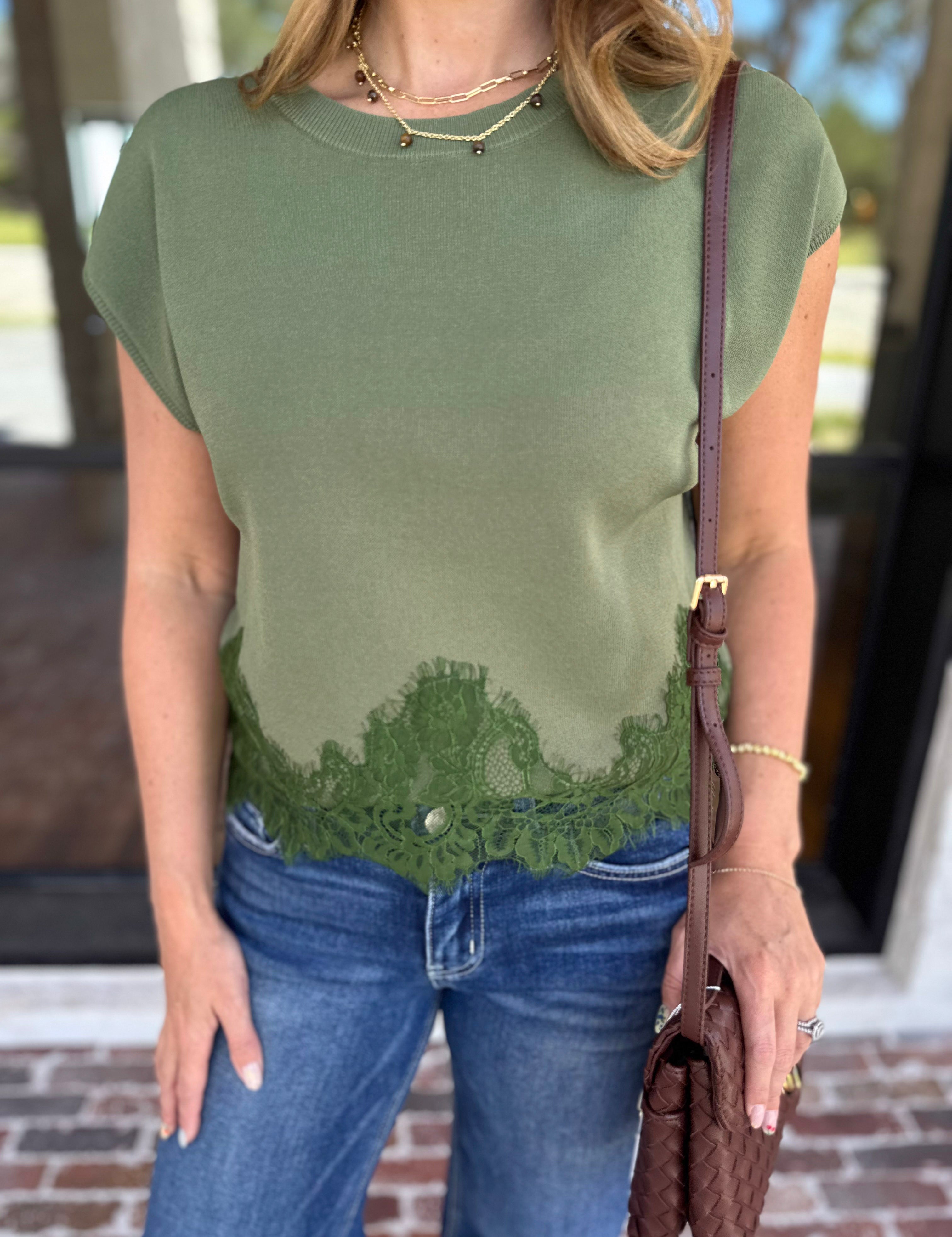 The Timeless Lace Detail Top - Olive-200 Fashion Blouses-ENTRO-July & June Women's Fashion Boutique Located in San Antonio, Texas