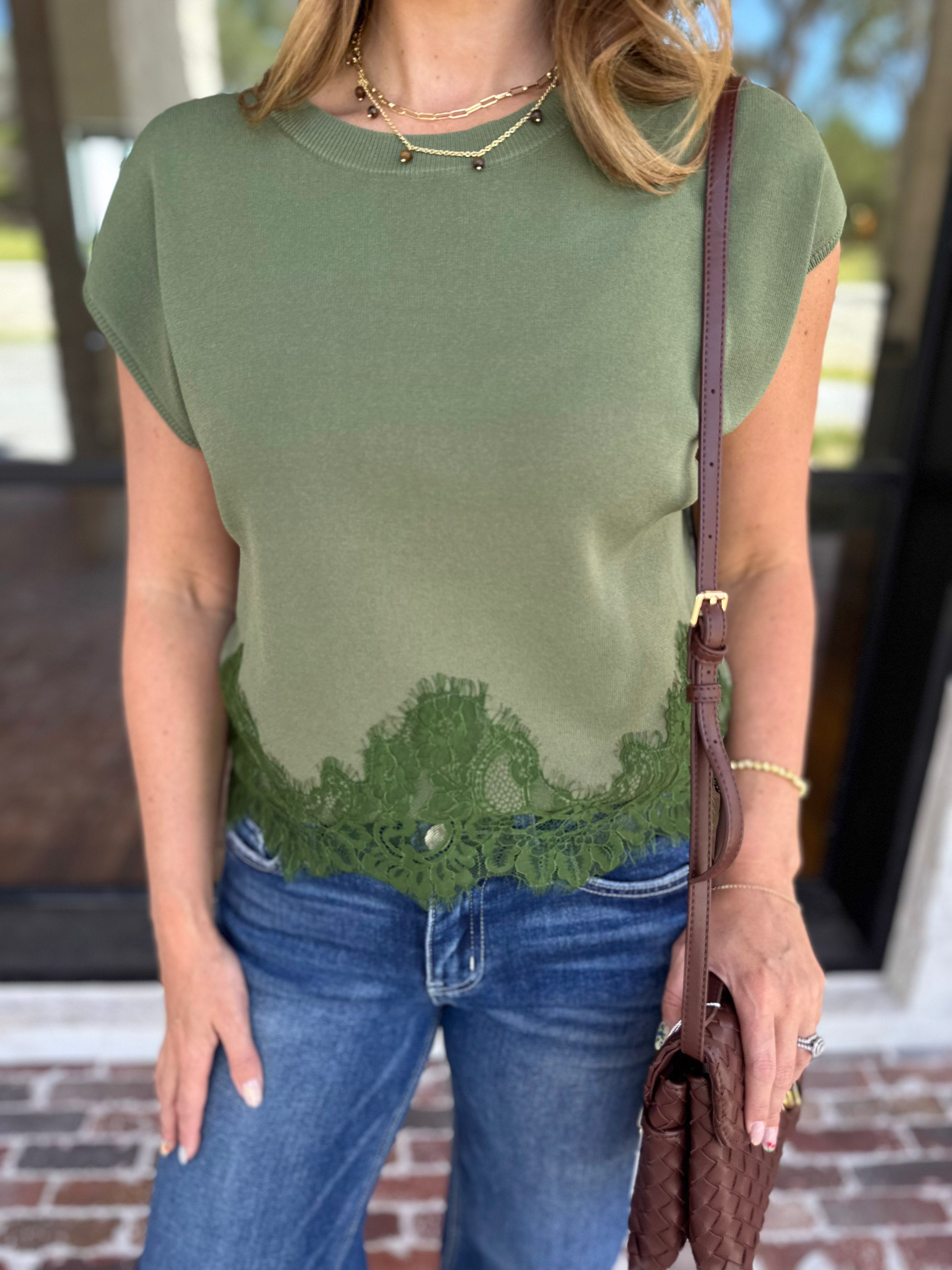 The Timeless Lace Detail Top - Olive-200 Fashion Blouses-ENTRO-July & June Women's Fashion Boutique Located in San Antonio, Texas