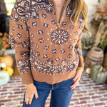 Current Air - Chestnut Paisley Quarter Zip Sweater-230 Sweaters/Cardis-CURRENT AIR CLOTHING-July & June Women's Fashion Boutique Located in San Antonio, Texas