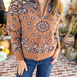 Current Air - Chestnut Paisley Quarter Zip Sweater-230 Sweaters/Cardis-CURRENT AIR CLOTHING-July & June Women's Fashion Boutique Located in San Antonio, Texas