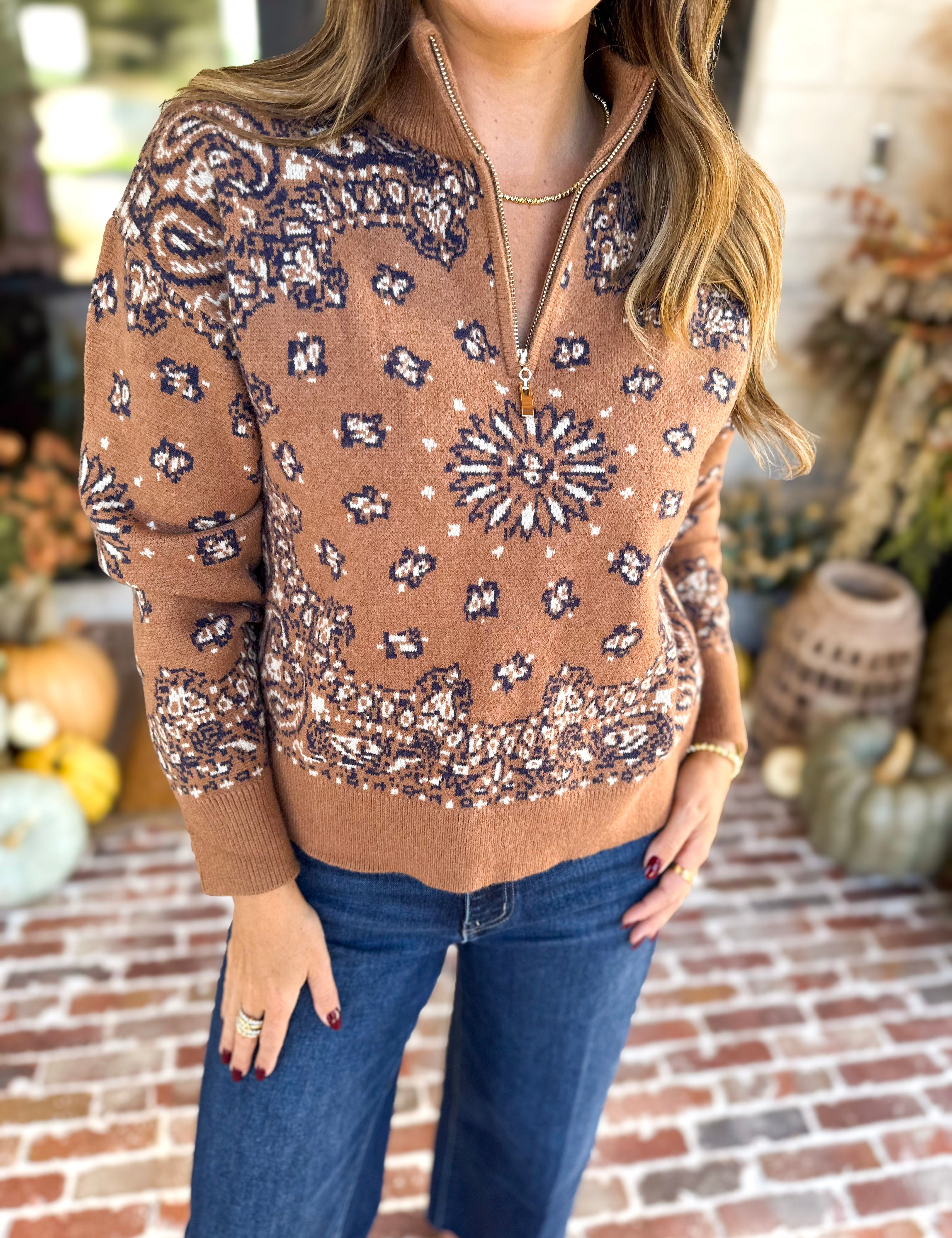 Current Air - Chestnut Paisley Quarter Zip Sweater-230 Sweaters/Cardis-CURRENT AIR CLOTHING-July & June Women's Fashion Boutique Located in San Antonio, Texas