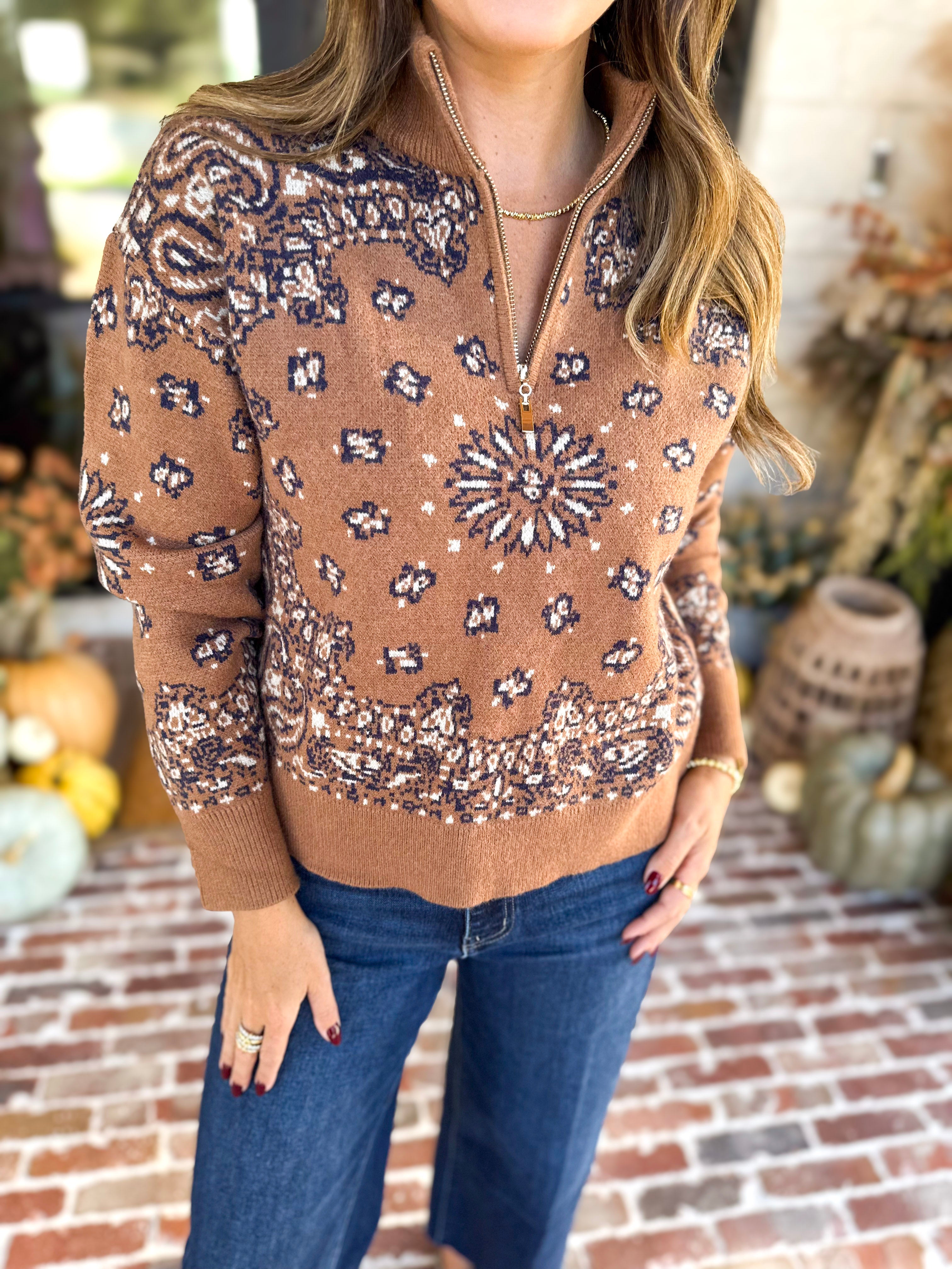 Current Air - Chestnut Paisley Quarter Zip Sweater-230 Sweaters/Cardis-CURRENT AIR CLOTHING-July & June Women's Fashion Boutique Located in San Antonio, Texas