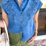 Current Air - Embroidered Washed Denim Short Sleeve Top-200 Fashion Blouses-CURRENT AIR CLOTHING-July & June Women's Fashion Boutique Located in San Antonio, Texas