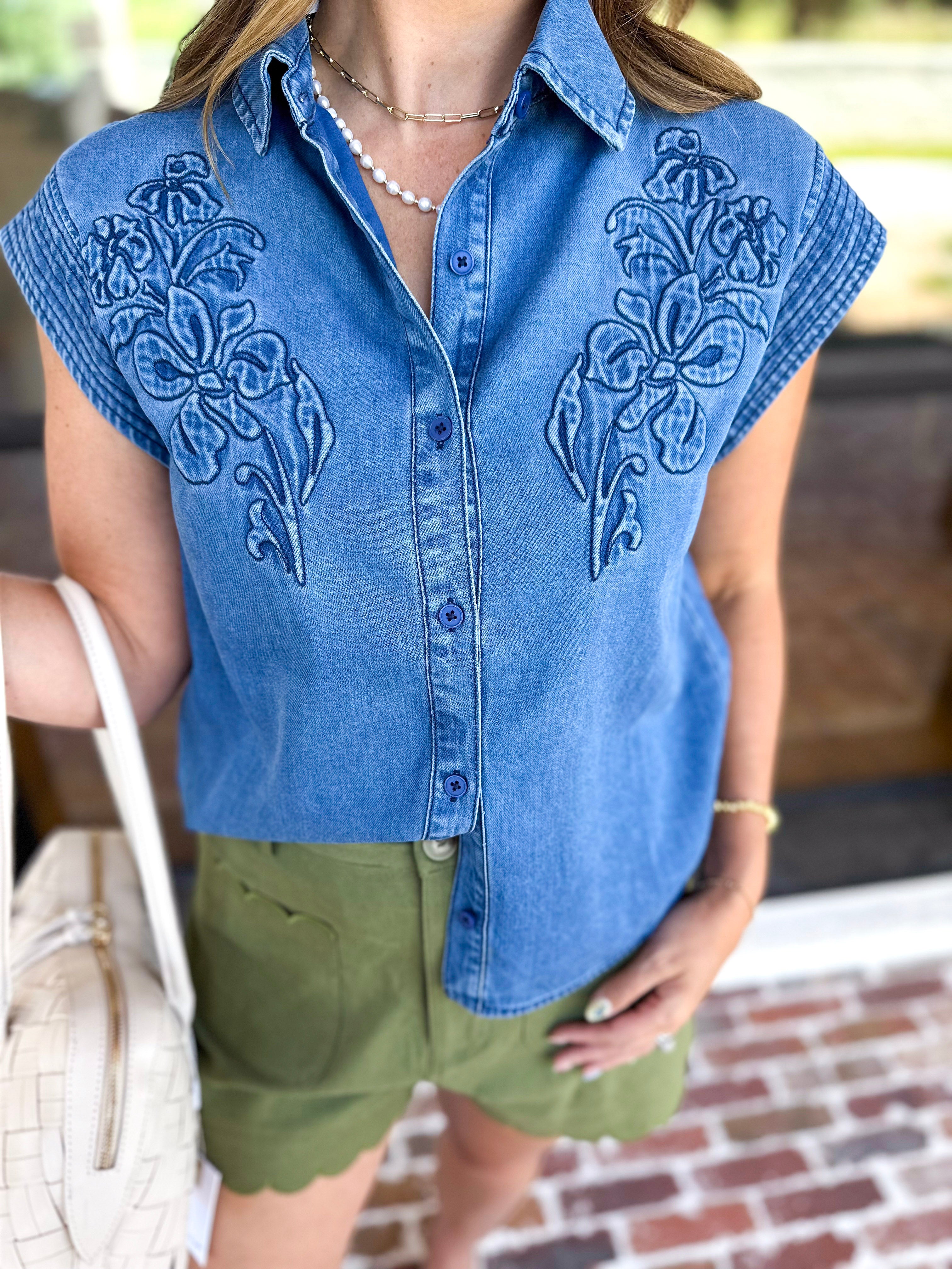 Current Air - Embroidered Washed Denim Short Sleeve Top-200 Fashion Blouses-CURRENT AIR CLOTHING-July & June Women's Fashion Boutique Located in San Antonio, Texas
