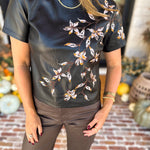 Liverpool - Chic Faux Leather Floral Tee-200 Fashion Blouses-LIVERPOOL JEANS COMPANY-July & June Women's Fashion Boutique Located in San Antonio, Texas