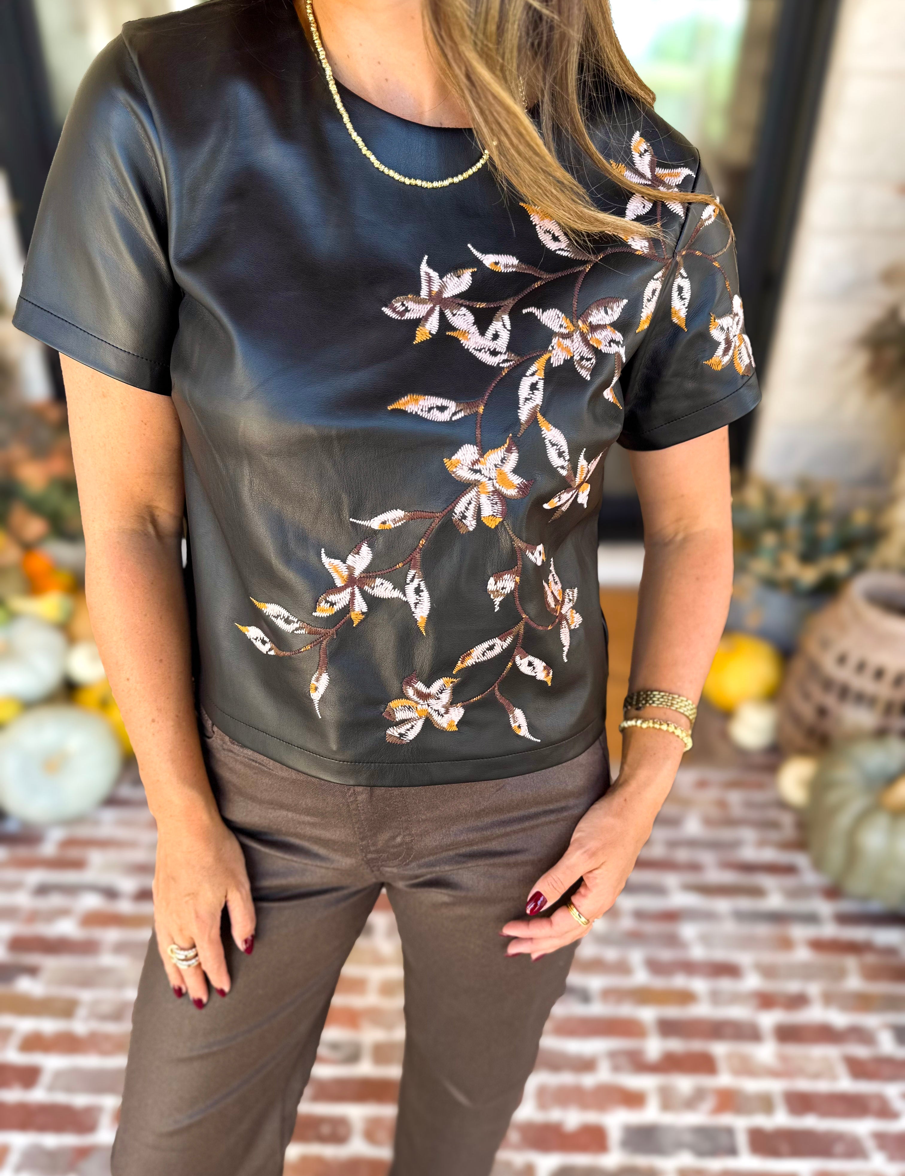Liverpool - Chic Faux Leather Floral Tee-200 Fashion Blouses-LIVERPOOL JEANS COMPANY-July & June Women's Fashion Boutique Located in San Antonio, Texas