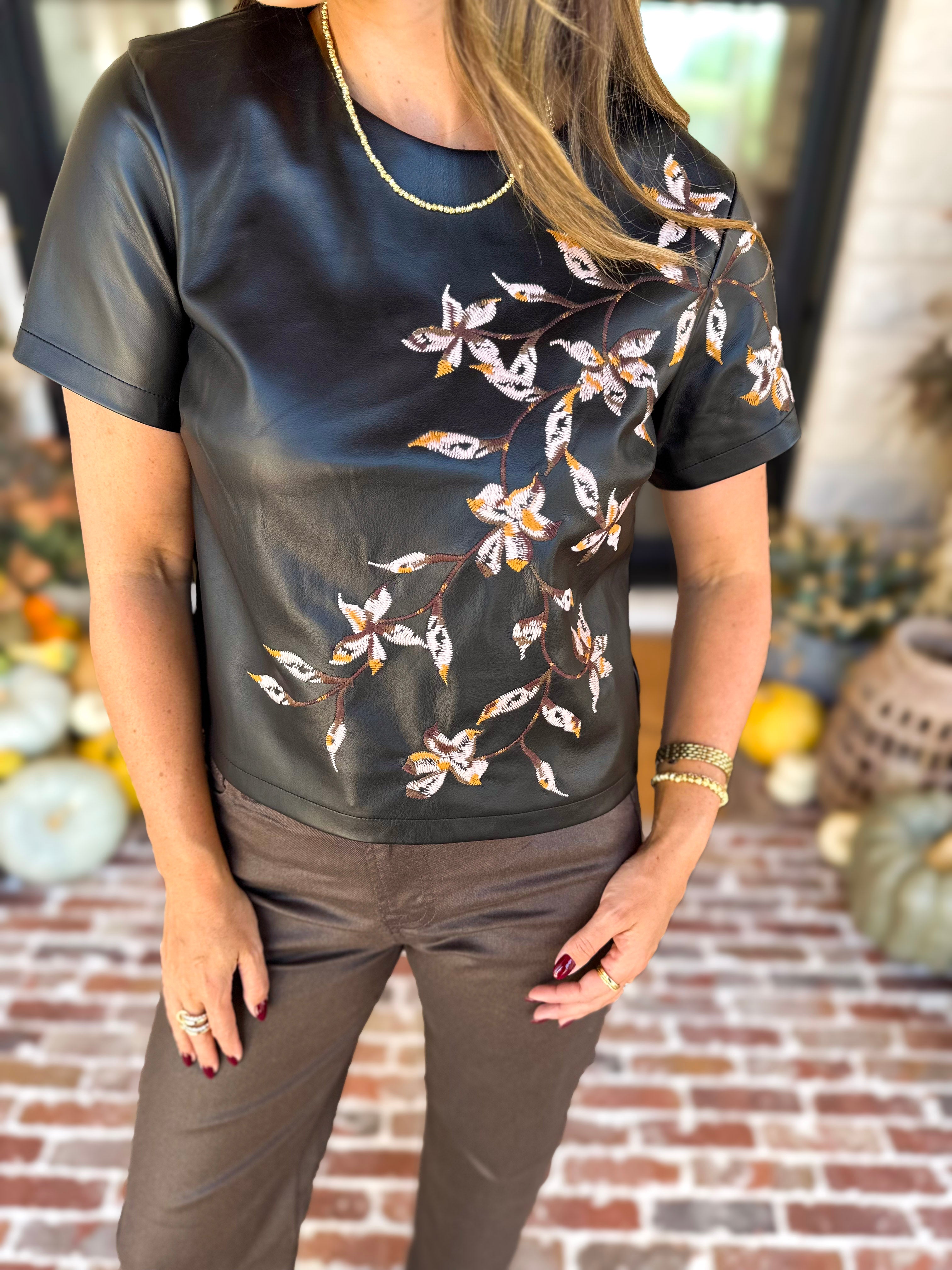 Liverpool - Chic Faux Leather Floral Tee-200 Fashion Blouses-LIVERPOOL JEANS COMPANY-July & June Women's Fashion Boutique Located in San Antonio, Texas