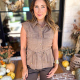 Street Chic Utility Cinched Blouse-200 Fashion Blouses-STRUT & BOLT-July & June Women's Fashion Boutique Located in San Antonio, Texas