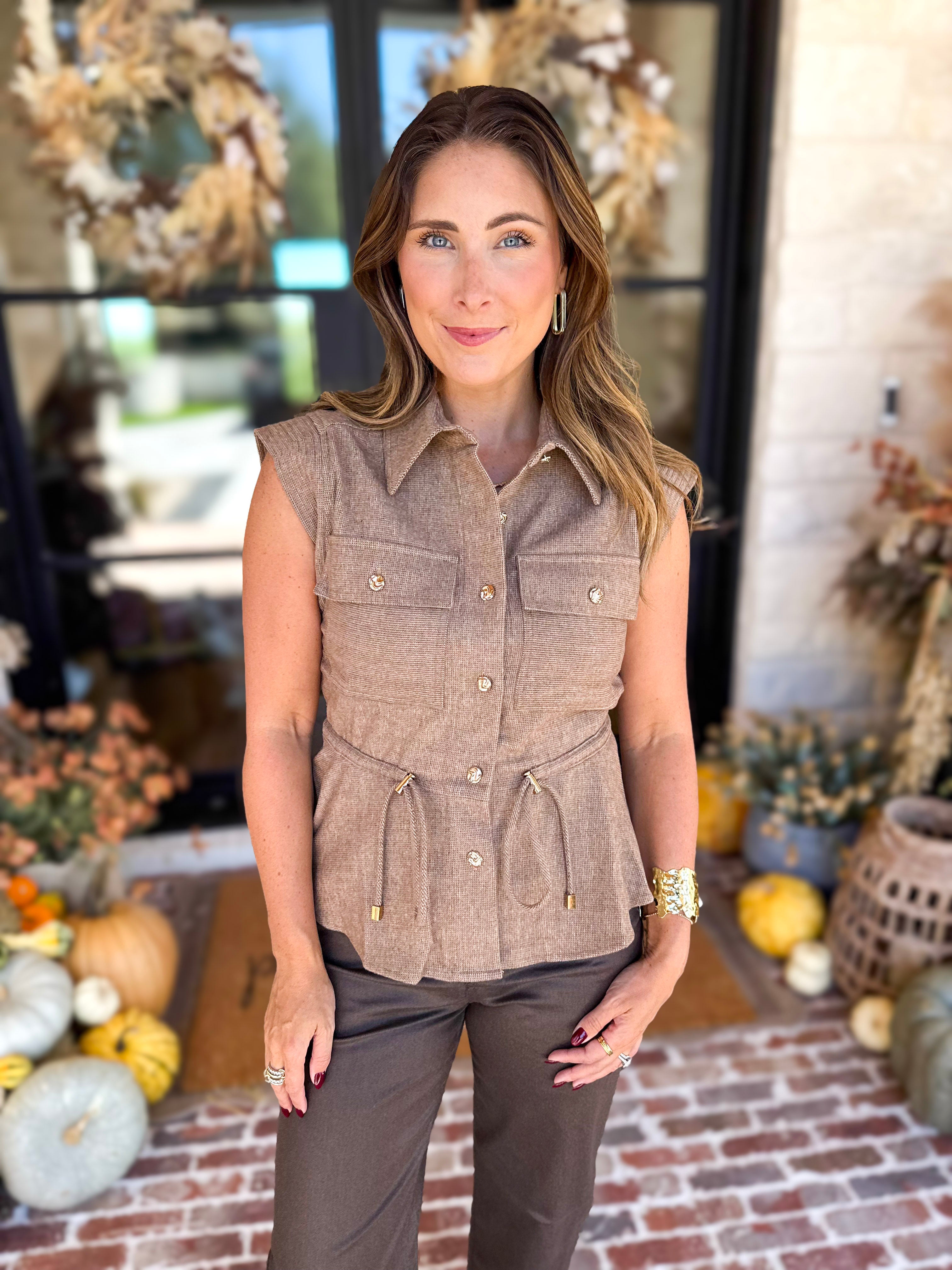 Street Chic Utility Cinched Blouse-200 Fashion Blouses-STRUT & BOLT-July & June Women's Fashion Boutique Located in San Antonio, Texas