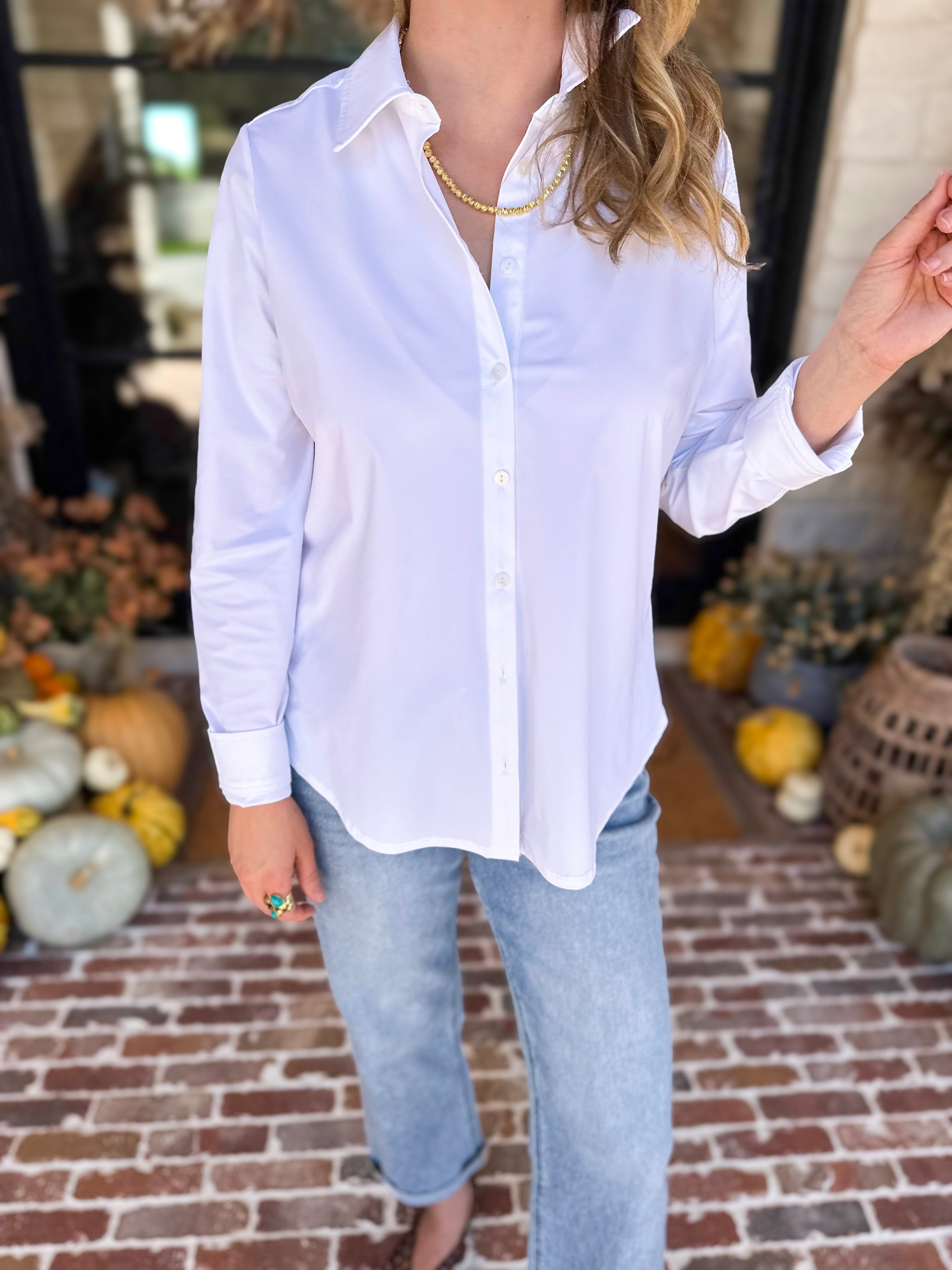 Liverpool - The Classic White Button Down-200 Fashion Blouses-LIVERPOOL JEANS COMPANY-July & June Women's Fashion Boutique Located in San Antonio, Texas