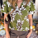 Moss Floral Puff Sleeve Blouse-200 Fashion Blouses-TCEC-July & June Women's Fashion Boutique Located in San Antonio, Texas