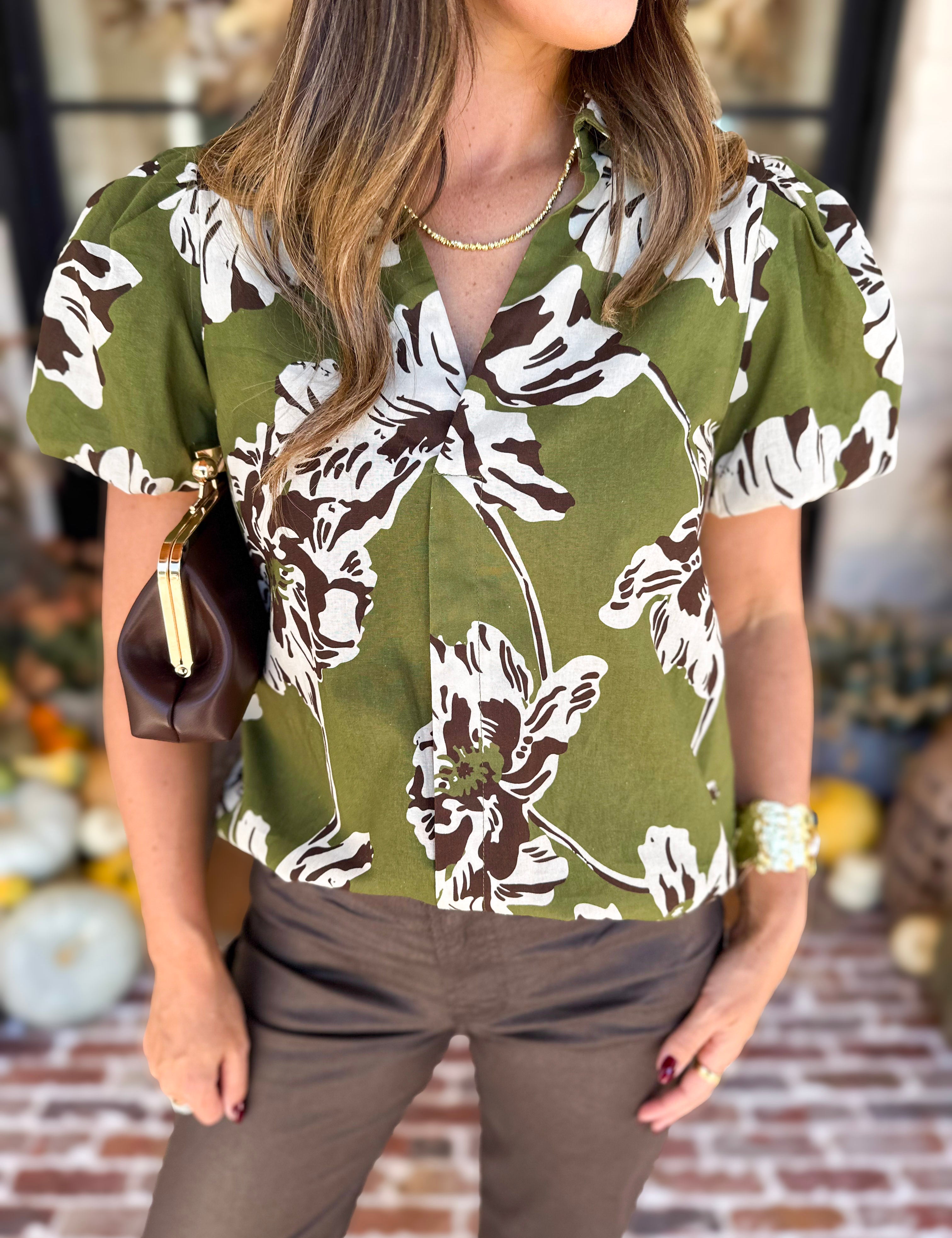 Moss Floral Puff Sleeve Blouse-200 Fashion Blouses-TCEC-July & June Women's Fashion Boutique Located in San Antonio, Texas