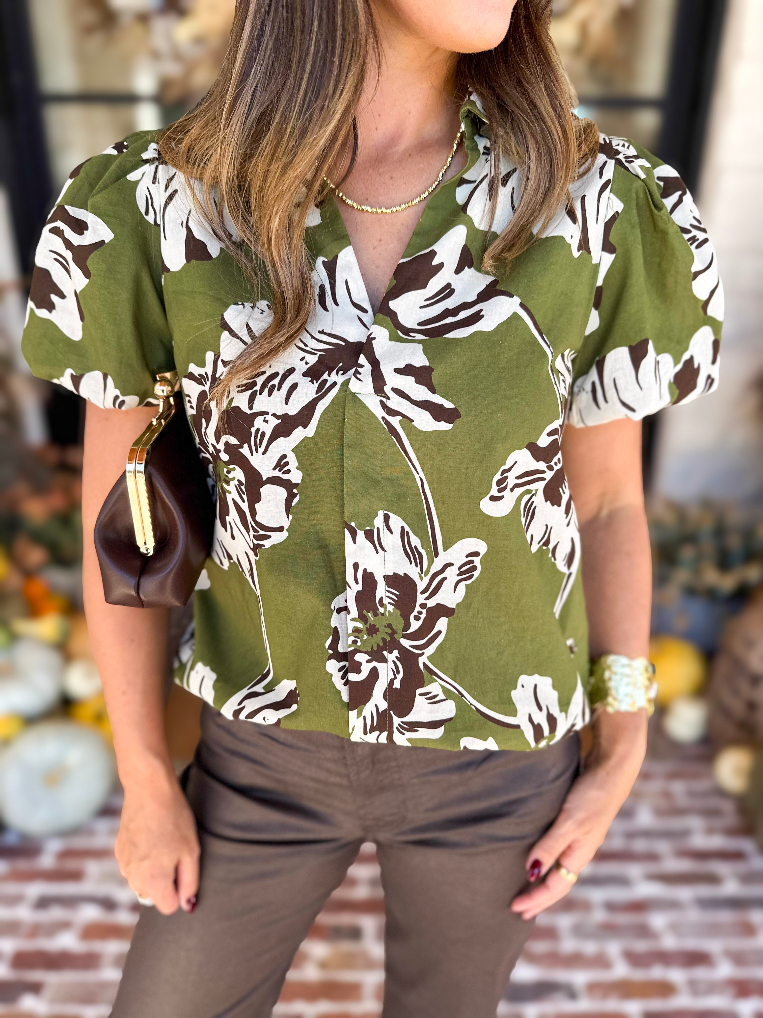Moss Floral Puff Sleeve Blouse-200 Fashion Blouses-TCEC-July & June Women's Fashion Boutique Located in San Antonio, Texas