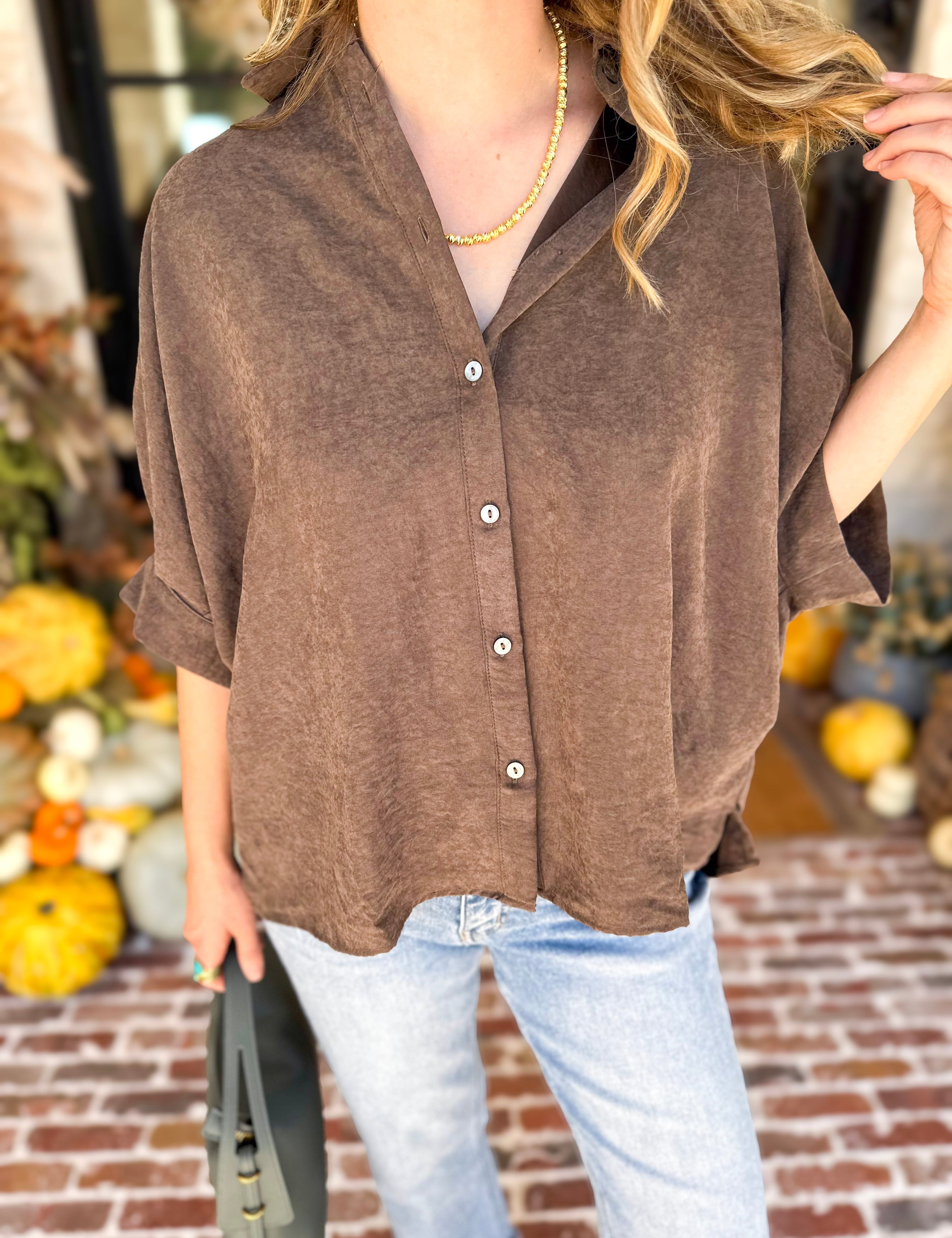 Heathered Brown Oversized Blouse-200 Fashion Blouses-ENTRO-July & June Women's Fashion Boutique Located in San Antonio, Texas