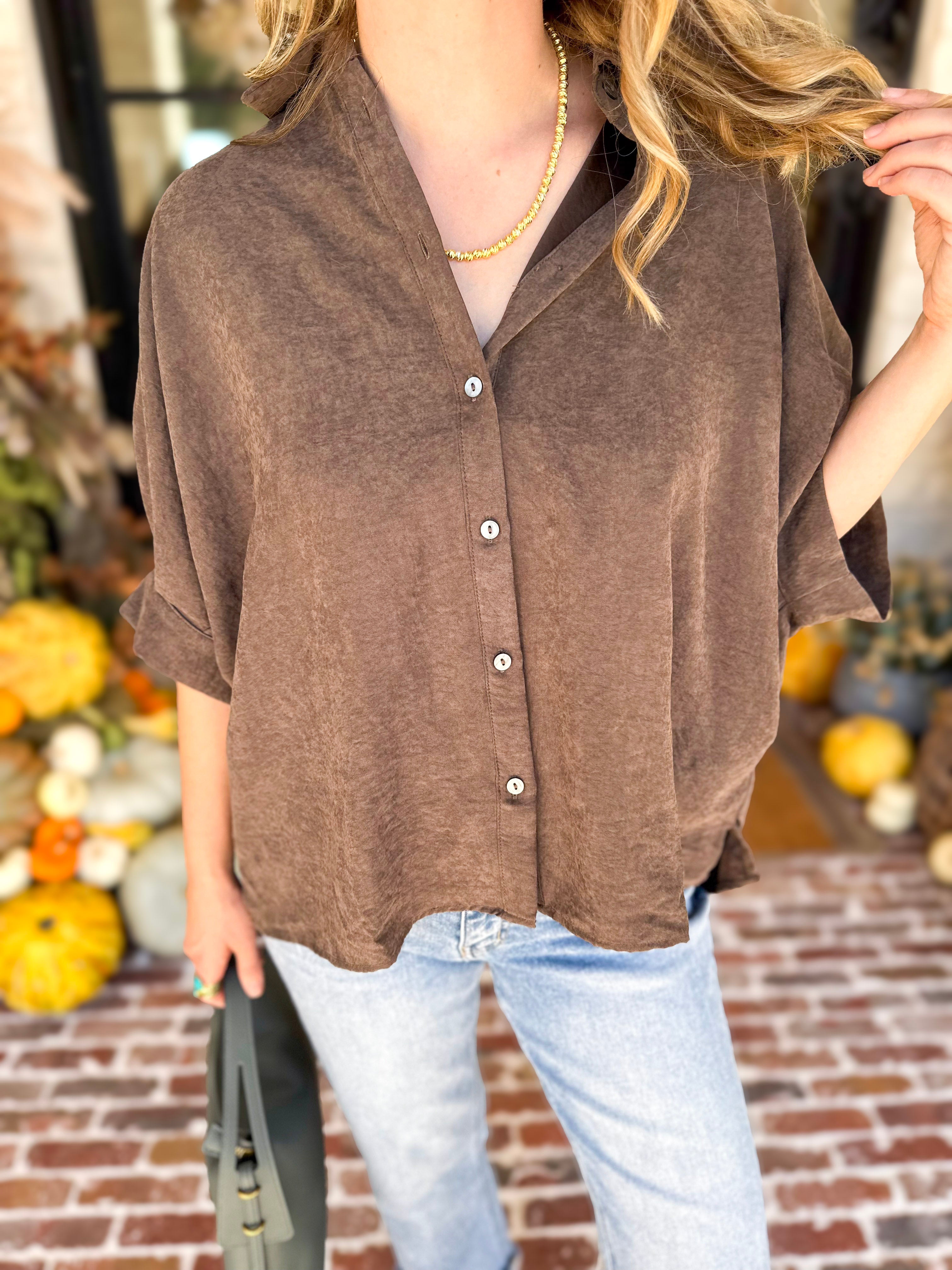 Heathered Brown Oversized Blouse-200 Fashion Blouses-ENTRO-July & June Women's Fashion Boutique Located in San Antonio, Texas