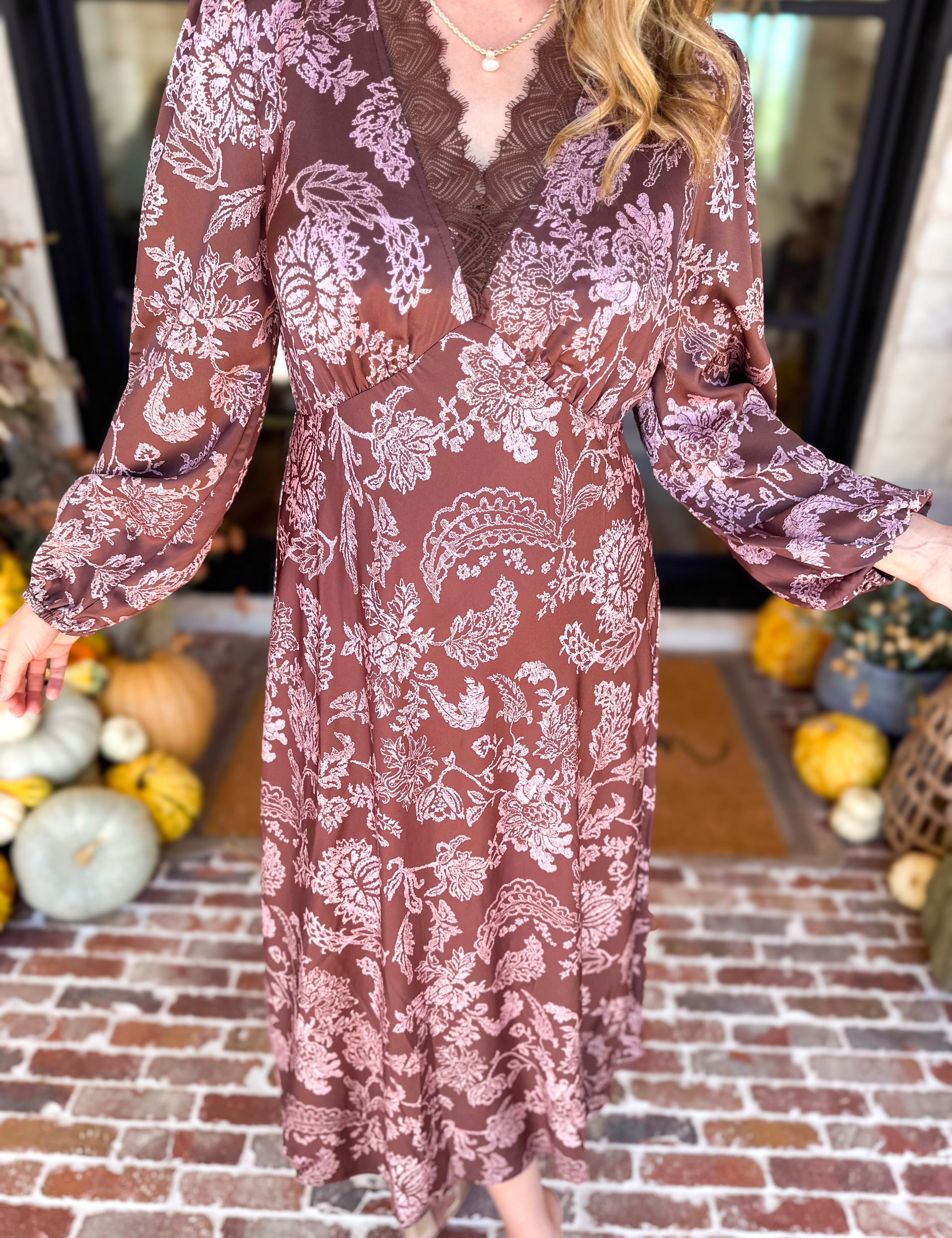 Current Air - Mocha Rose Satin Midi Dress-500 Midi-CURRENT AIR CLOTHING-July & June Women's Fashion Boutique Located in San Antonio, Texas