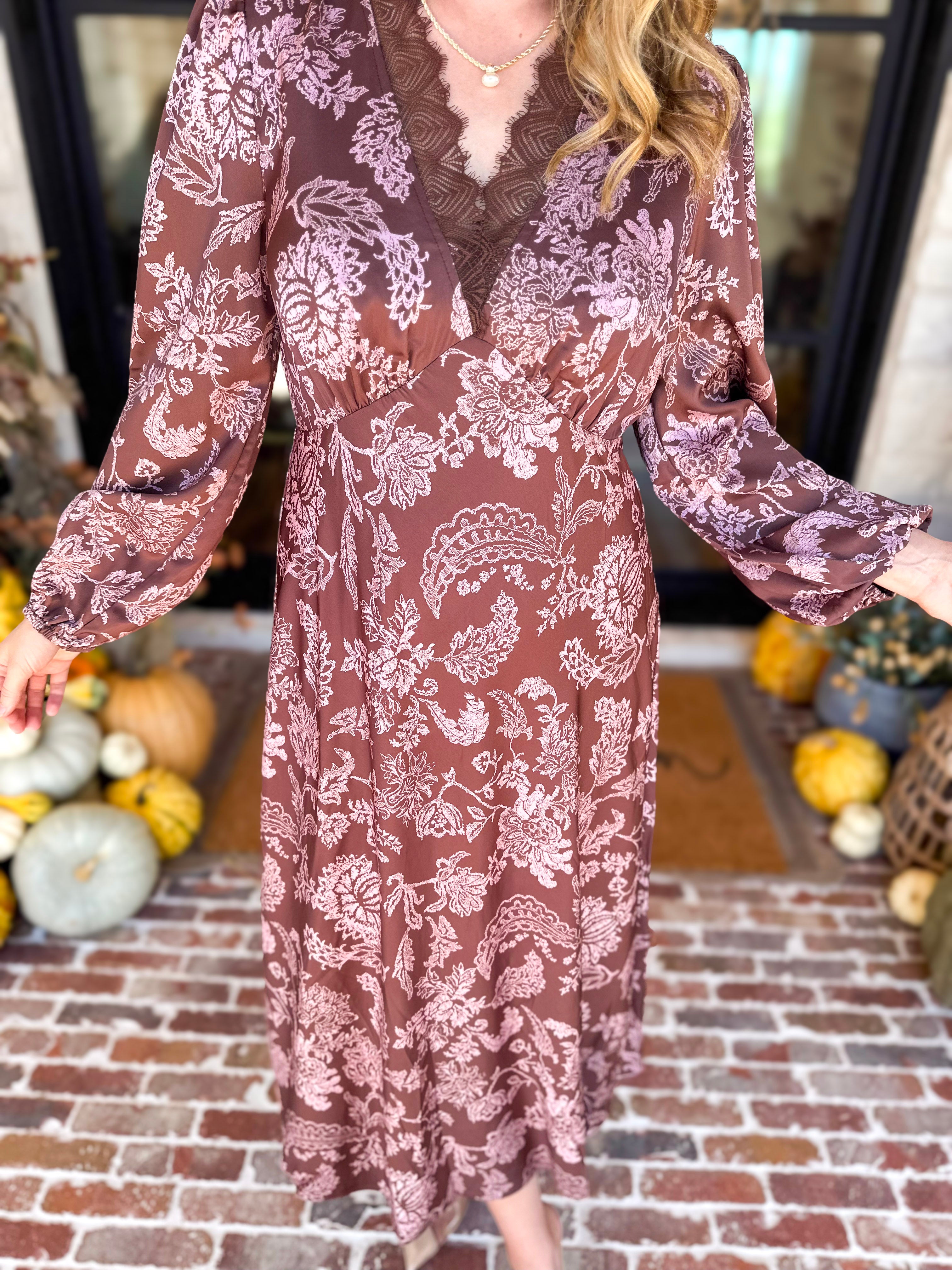 Current Air - Mocha Rose Satin Midi Dress-500 Midi-CURRENT AIR CLOTHING-July & June Women's Fashion Boutique Located in San Antonio, Texas