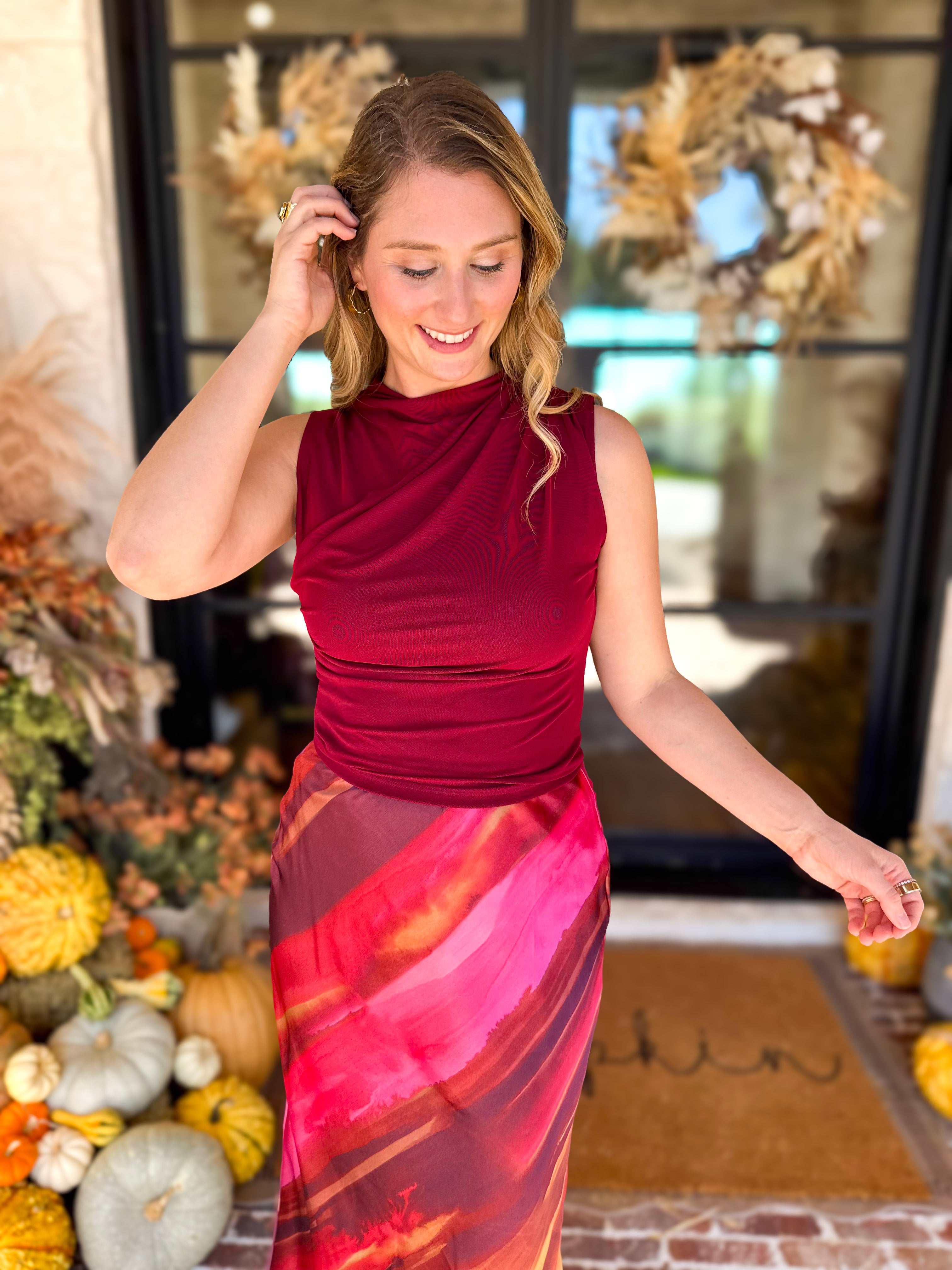Sleek & Chic Pomegranate Sleeveless Blouse-200 Fashion Blouses-DRESS FORUM-July & June Women's Fashion Boutique Located in San Antonio, Texas