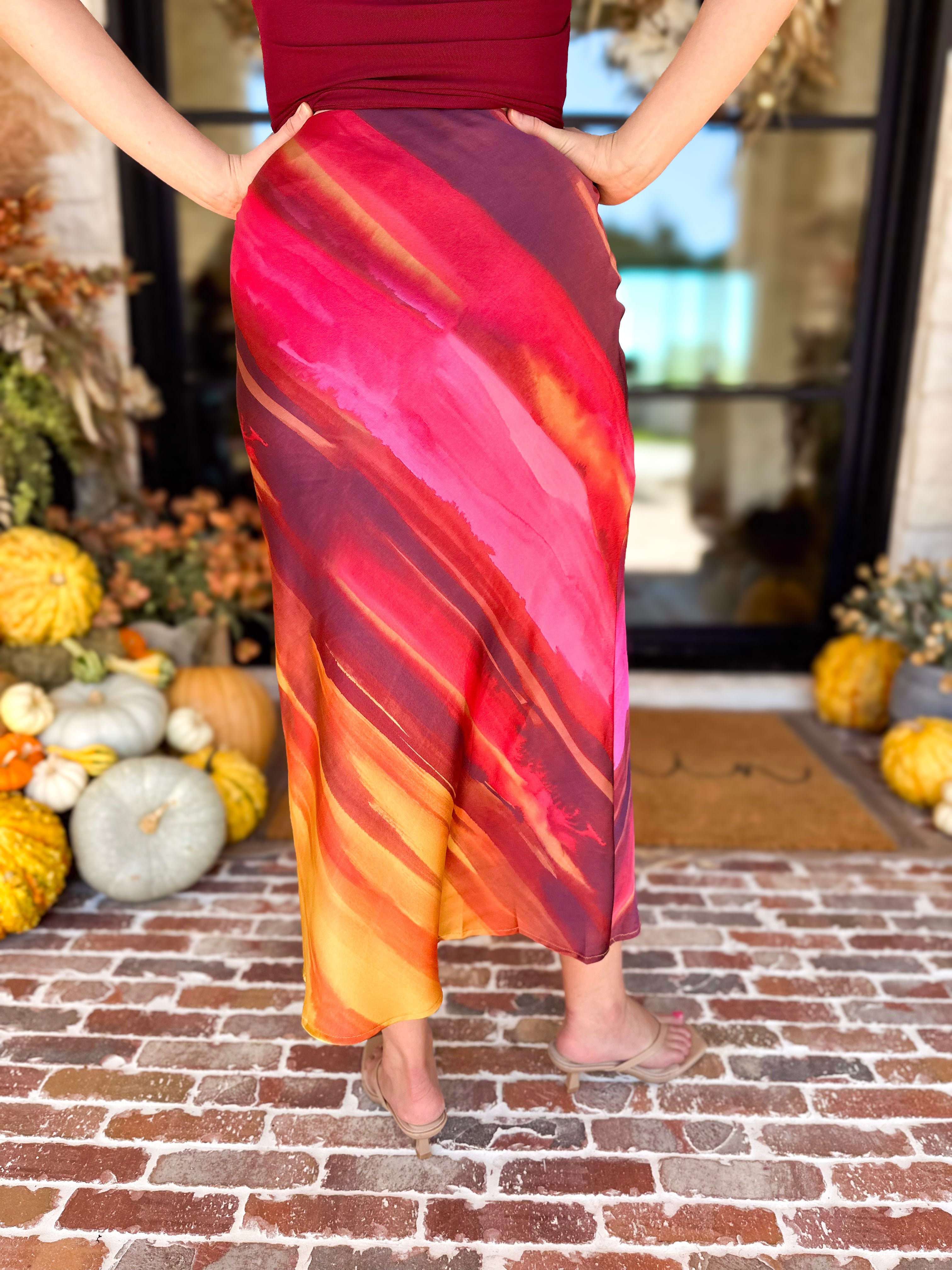 Golden Sunset Satin Midi Skirt-410 Shorts/Skirts-DRESS FORUM-July & June Women's Fashion Boutique Located in San Antonio, Texas