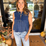 PINK FRIDAY DOORBUSTERS - Denim Pin-Tuck Tank - ONLINE - FINAL SALE-PINK FRIDAY DOORBUSTERS-BLU PEPPER-July & June Women's Fashion Boutique Located in San Antonio, Texas