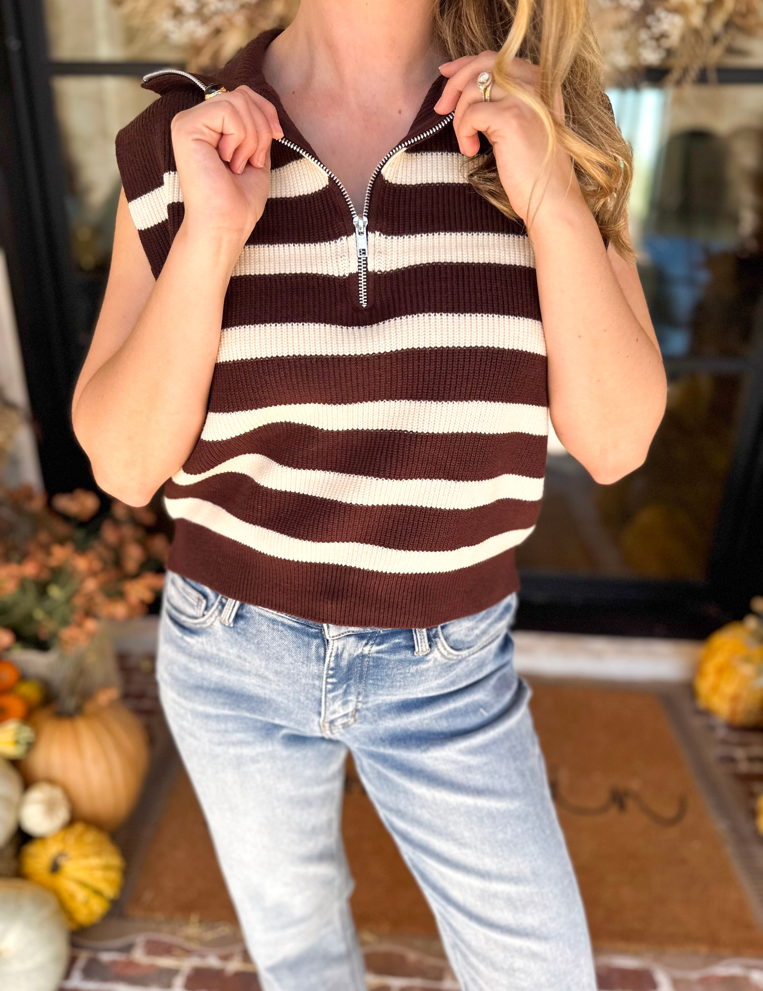 PINK FRIDAY DOORBUSTERS - Half Zip Sweater - Brown - ONLINE - FINAL SALE-PINK FRIDAY DOORBUSTERS-DOUBLE ZERO-July & June Women's Fashion Boutique Located in San Antonio, Texas