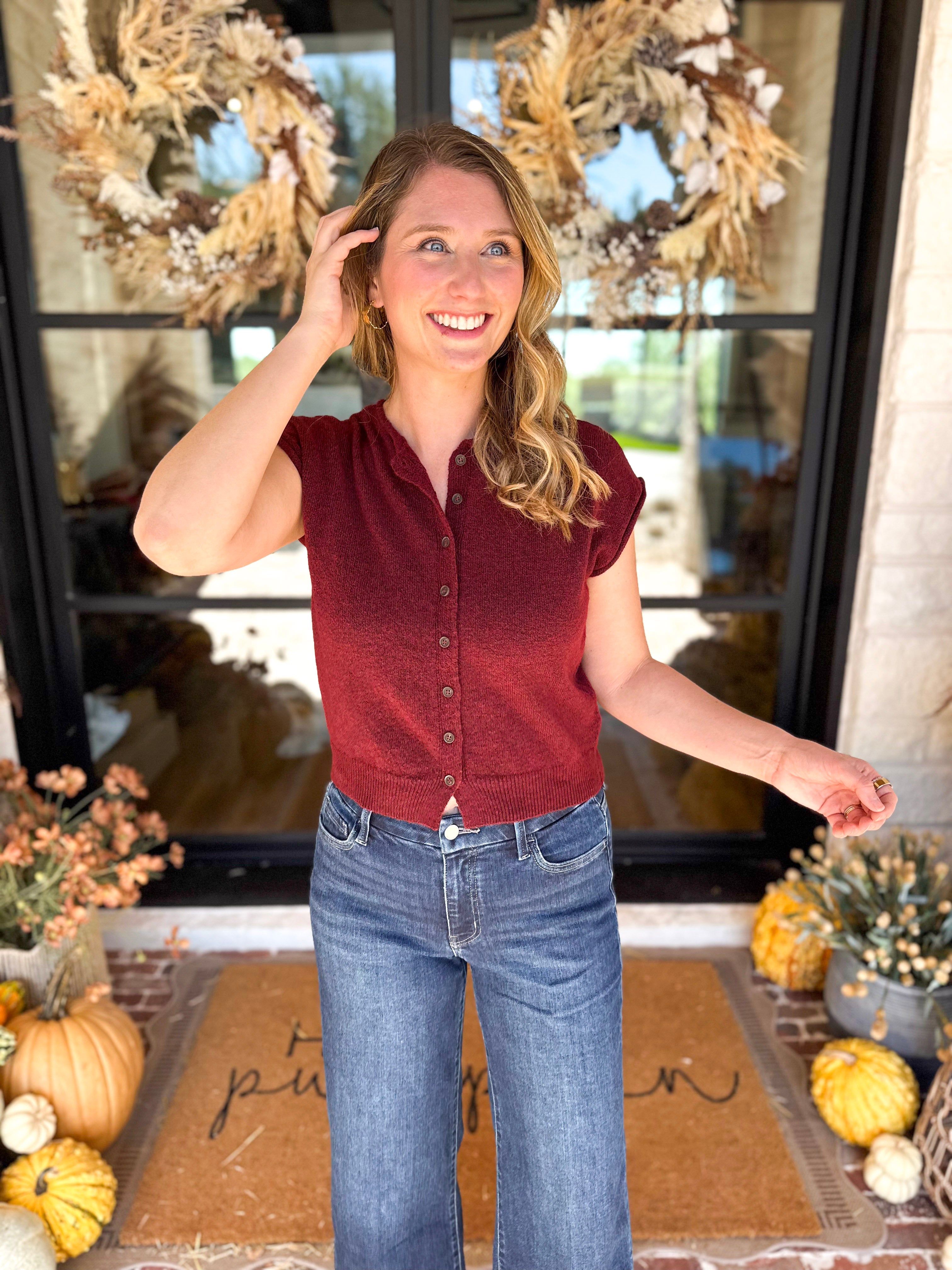 PINK FRIDAY DOORBUSTERS - Short Sleeve Cardigan - Maroon - ONLINE - FINAL SALE-PINK FRIDAY DOORBUSTERS-BLU PEPPER-July & June Women's Fashion Boutique Located in San Antonio, Texas
