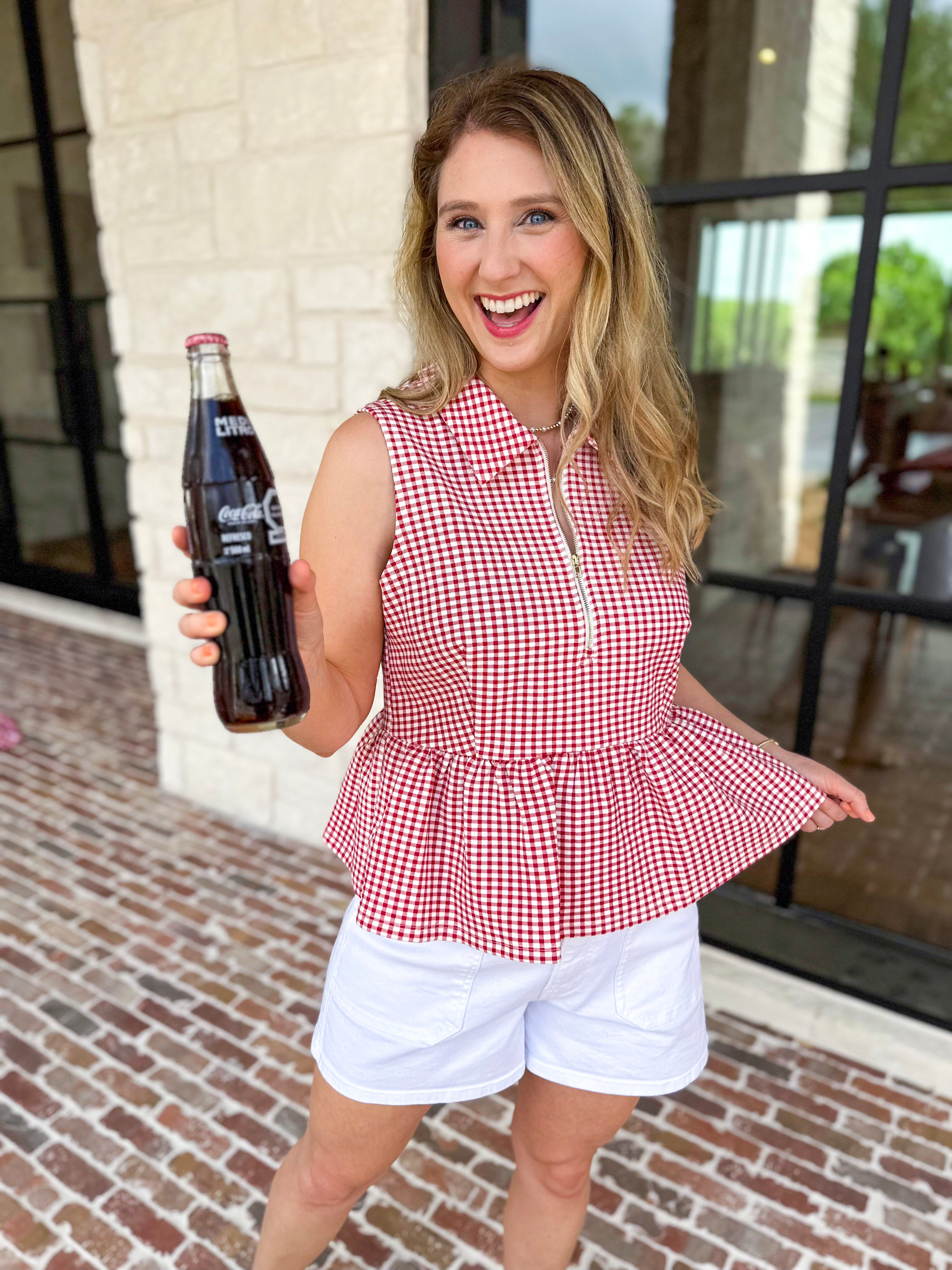 Sweetheart Gingham Red Blouse-200 Fashion Blouses-ENTRO-July & June Women's Fashion Boutique Located in San Antonio, Texas