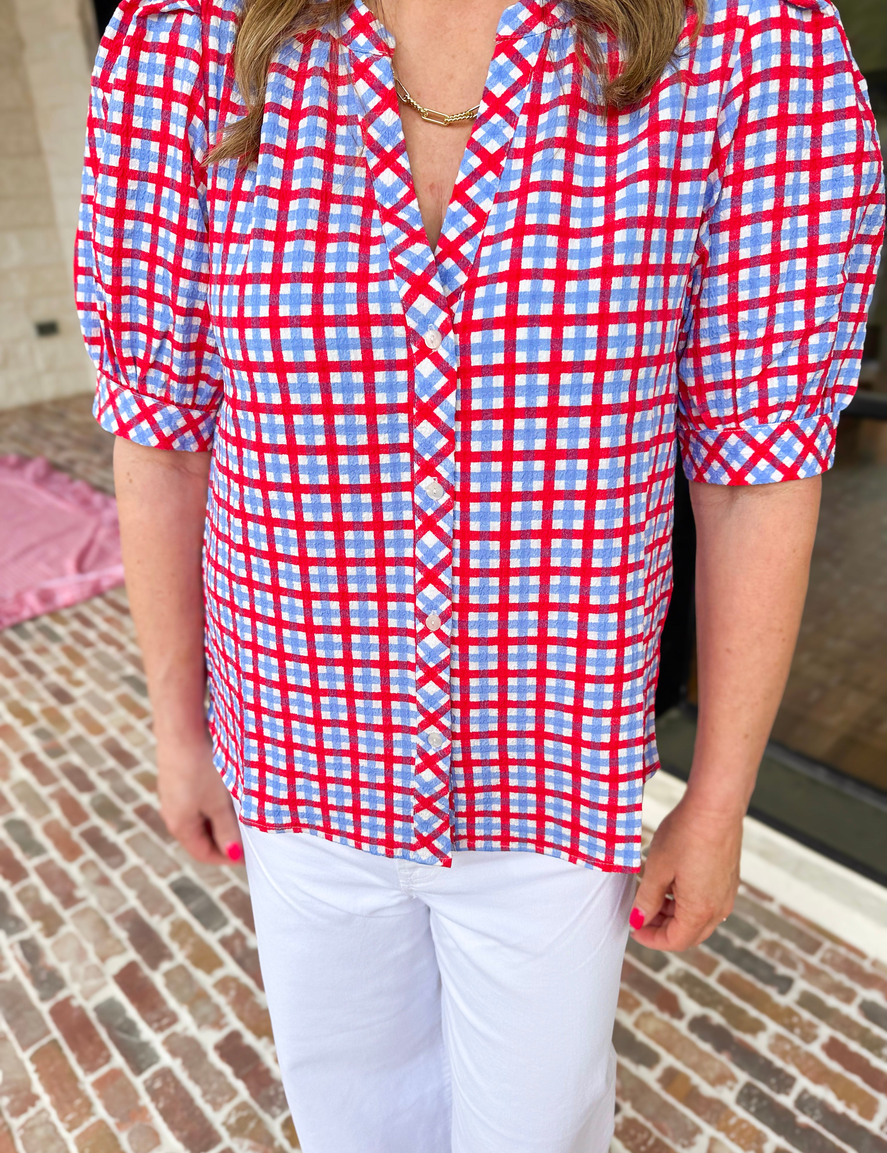 Mary Square - Elaine Gingham Blouse-MARY SQUARE-July & June Women's Fashion Boutique Located in San Antonio, Texas