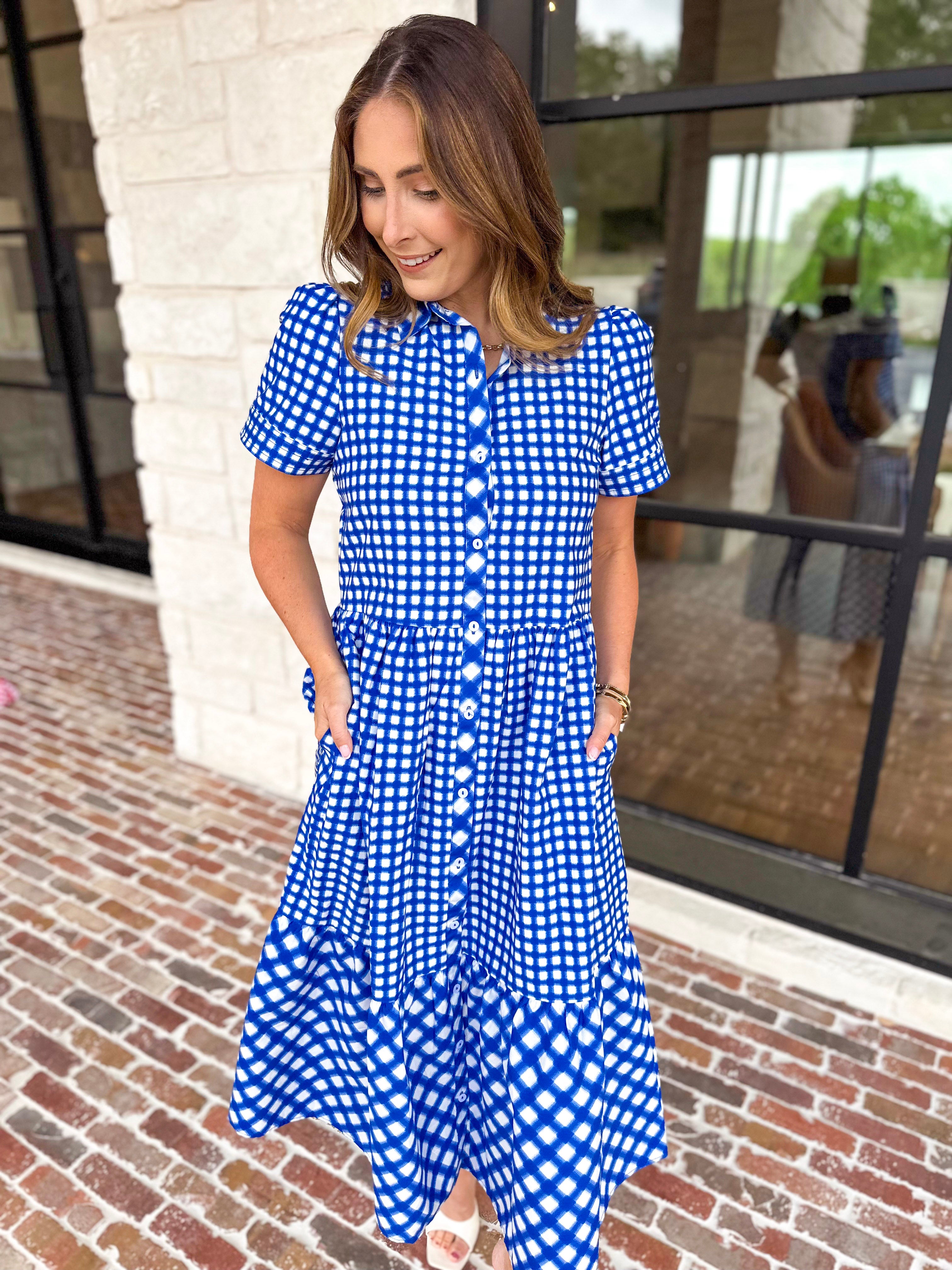 Mary Square - Jema Gingham Navy Mix Midi Dress-500 Midi-MARY SQUARE-July & June Women's Fashion Boutique Located in San Antonio, Texas