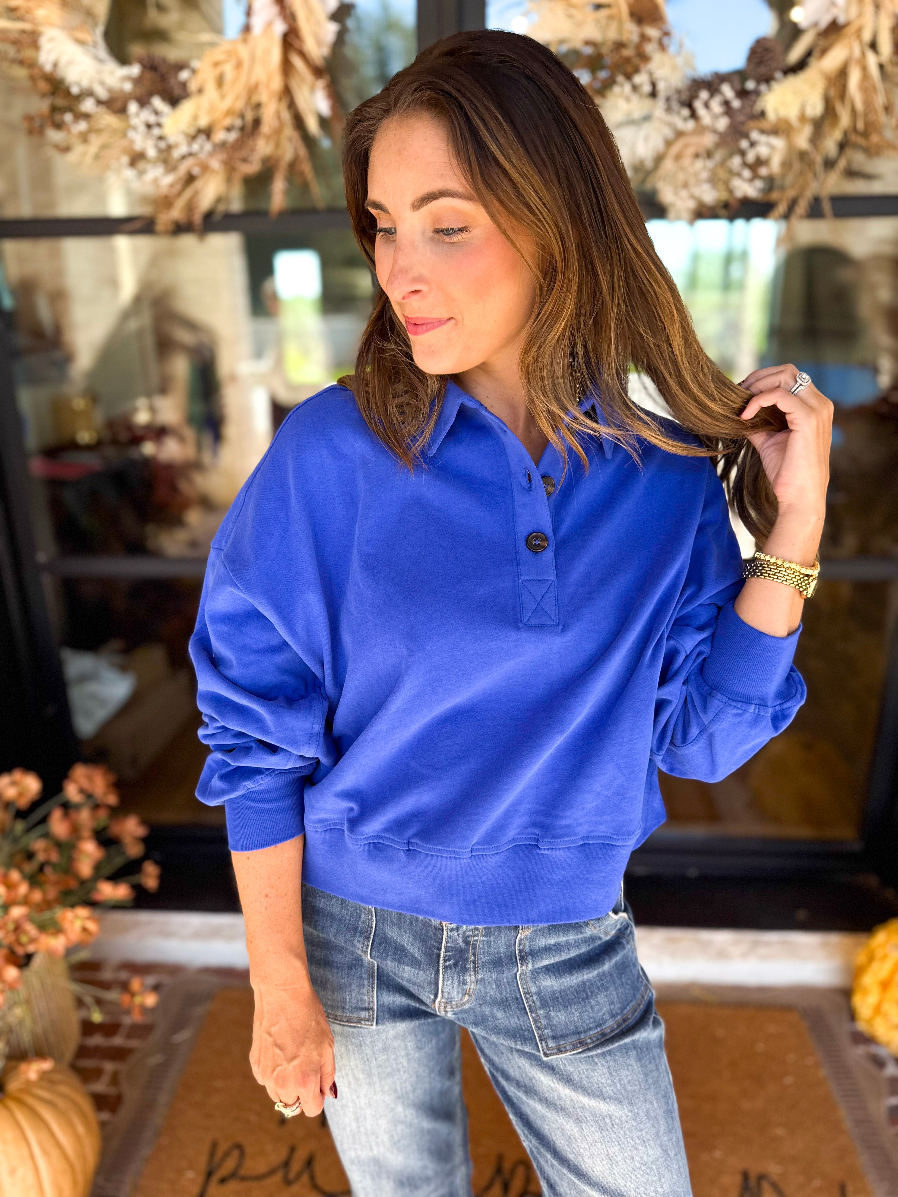 PINK FRIDAY DOORBUSTERS - Henley Polo Top - Cobalt - ONLINE - FINAL SALE-PINK FRIDAY DOORBUSTERS-DOUBLE ZERO-July & June Women's Fashion Boutique Located in San Antonio, Texas